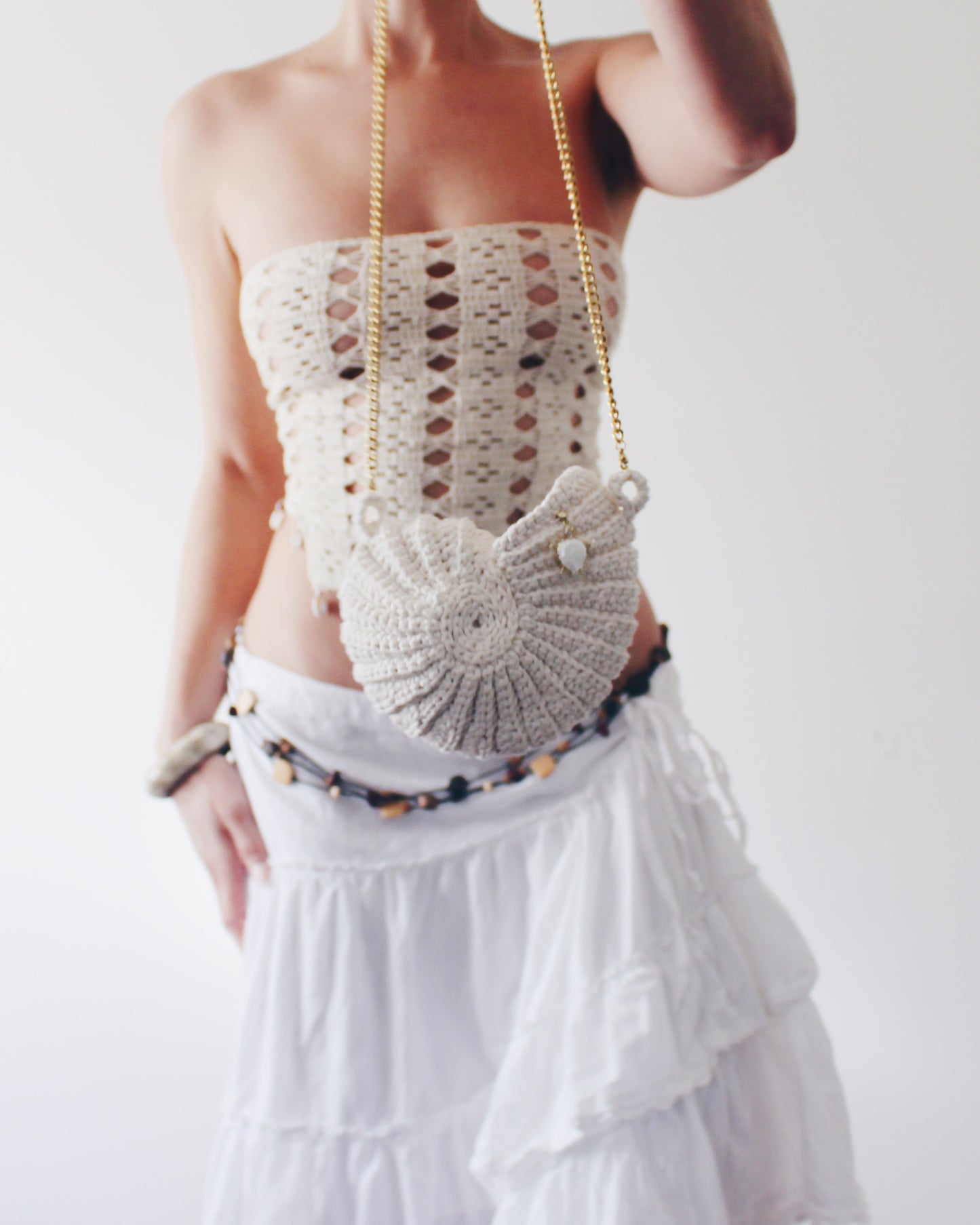 Handmade Crochet Doily Top with Cowrie Shells – Upcycled Boho Beach Sleeveless Crop, Mermaidcore Layering Piece