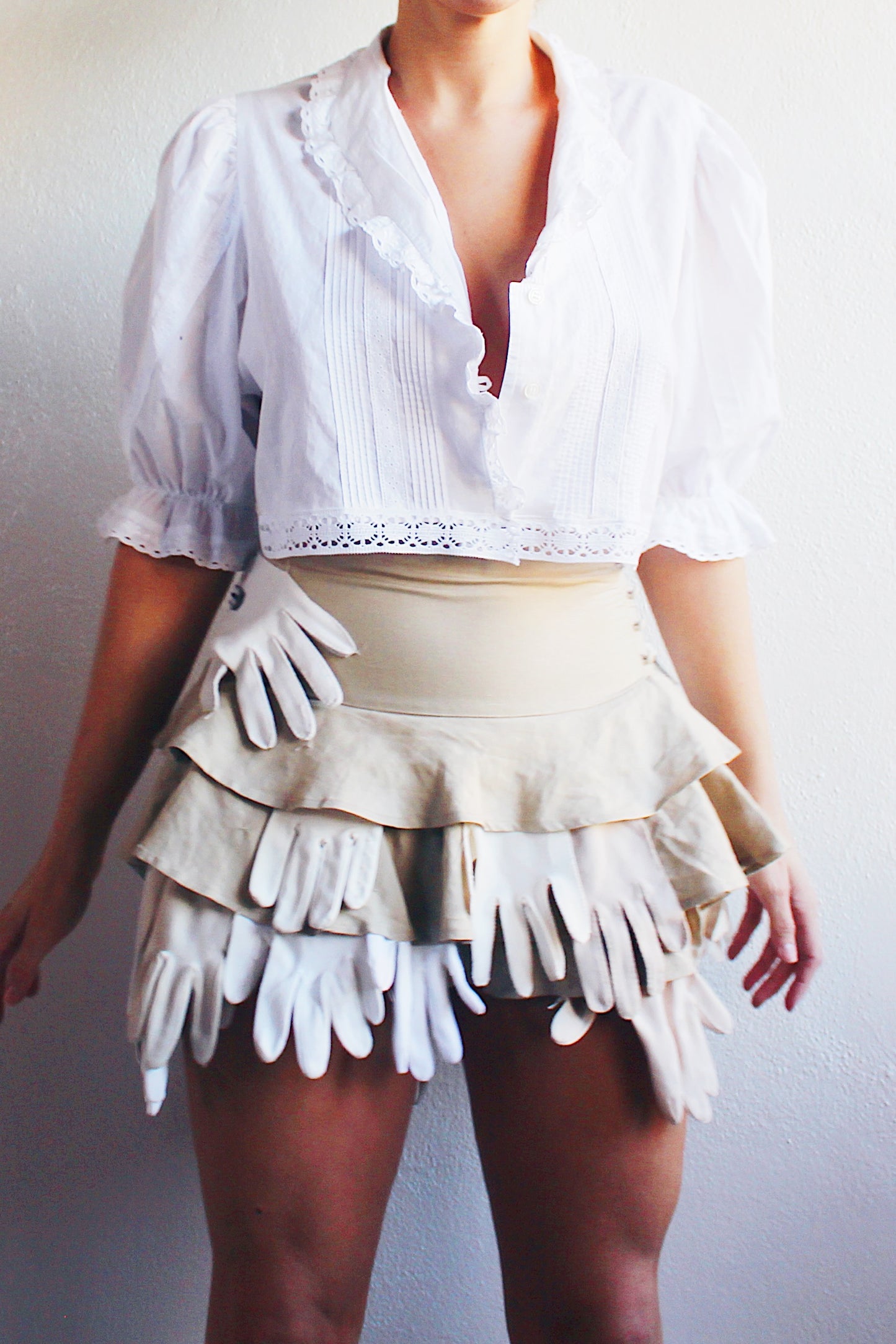 Prairie Whimsy Revived: Upcycled Cropped Cotton Blouse with Eyelet Ruffles and Lace