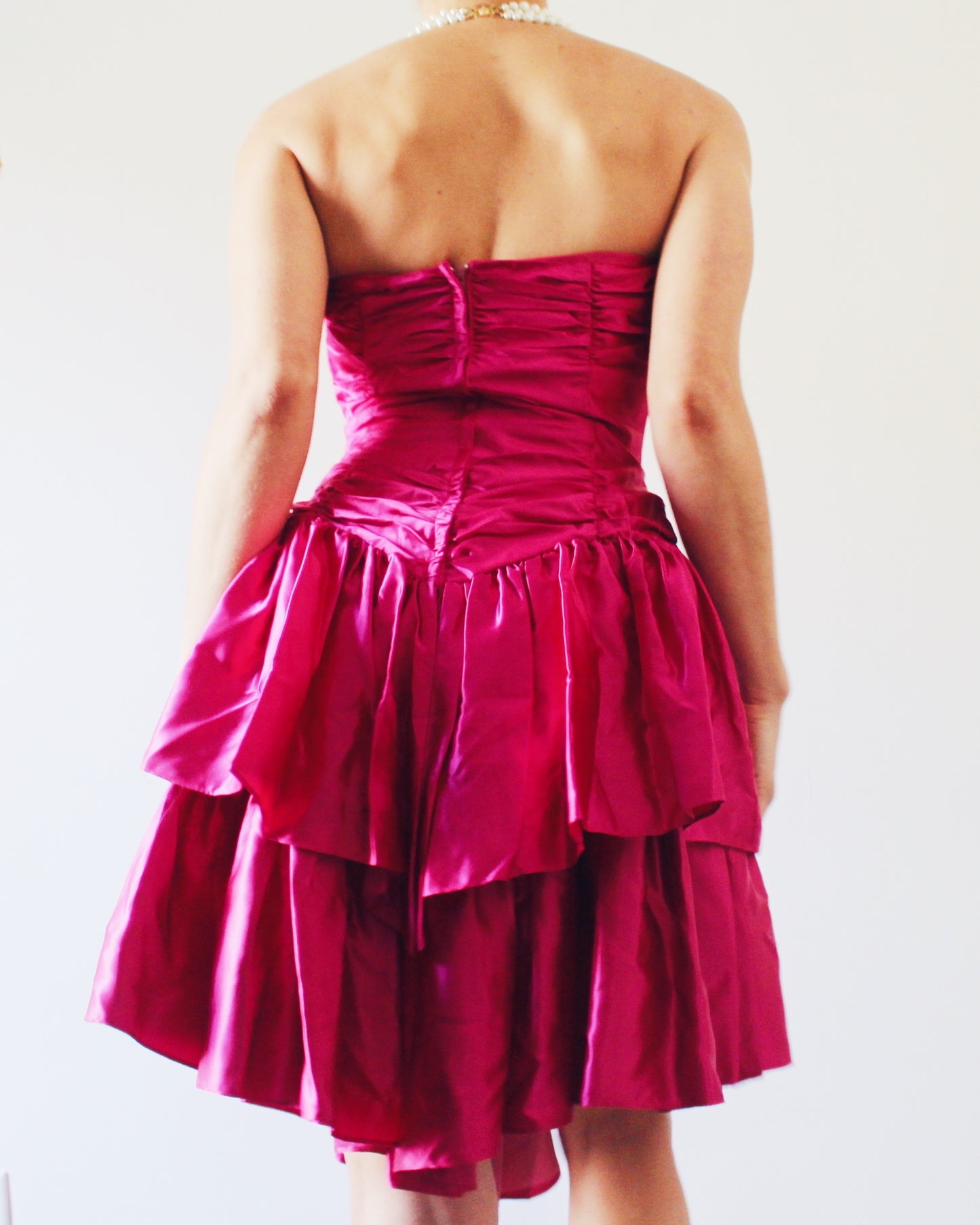 Vintage 1980s Bright Pink Mini Dress – Sleek Formal Cocktail Dress with 80s Statement Style Vintage 1960s Coquette Pink Tiered Tulle Gown