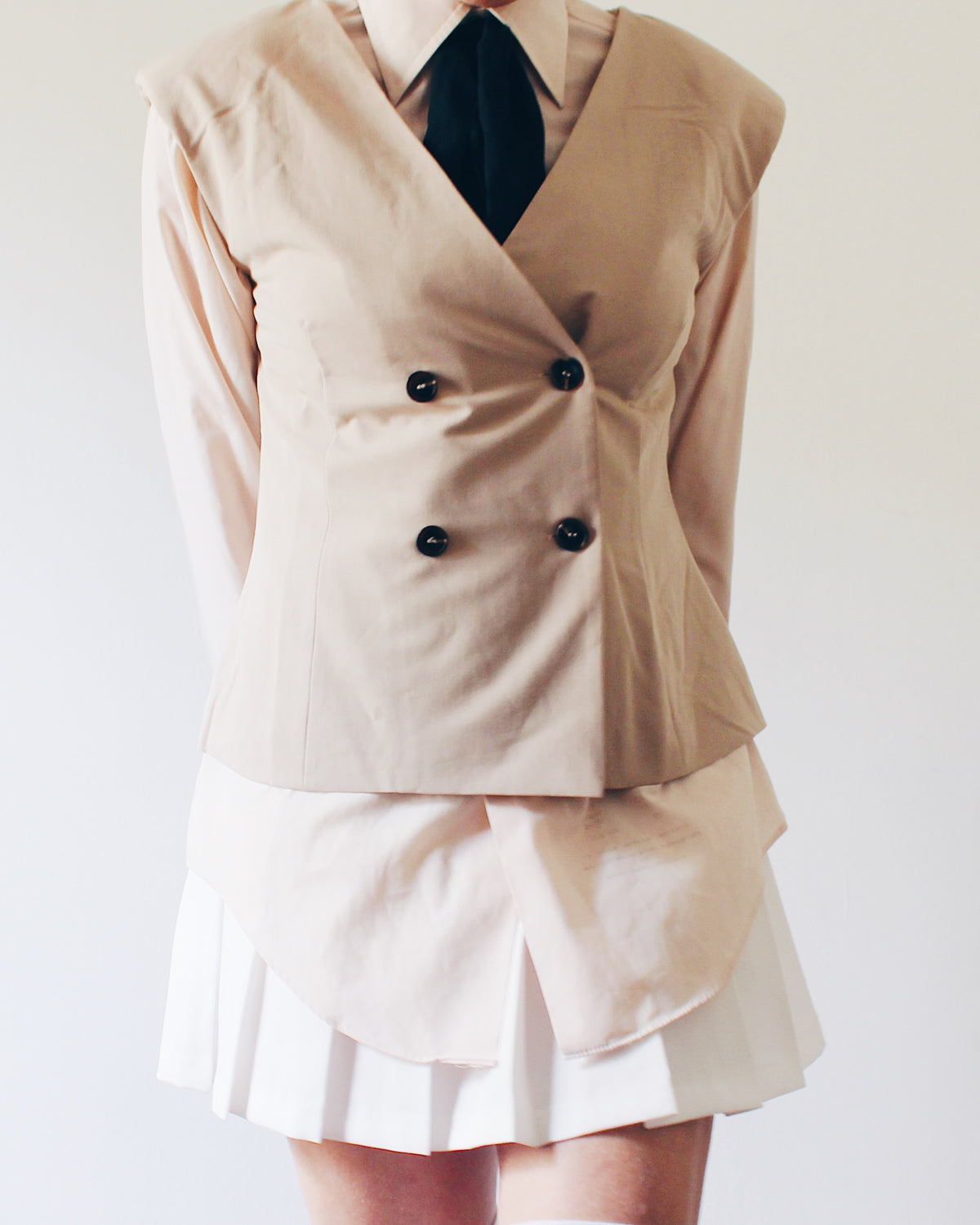 La Lavon Beige Tan Sleeveless Layering Blazer, Double Breasted Buttons, Light Shoulder Pads, Business Casual Coquette Style