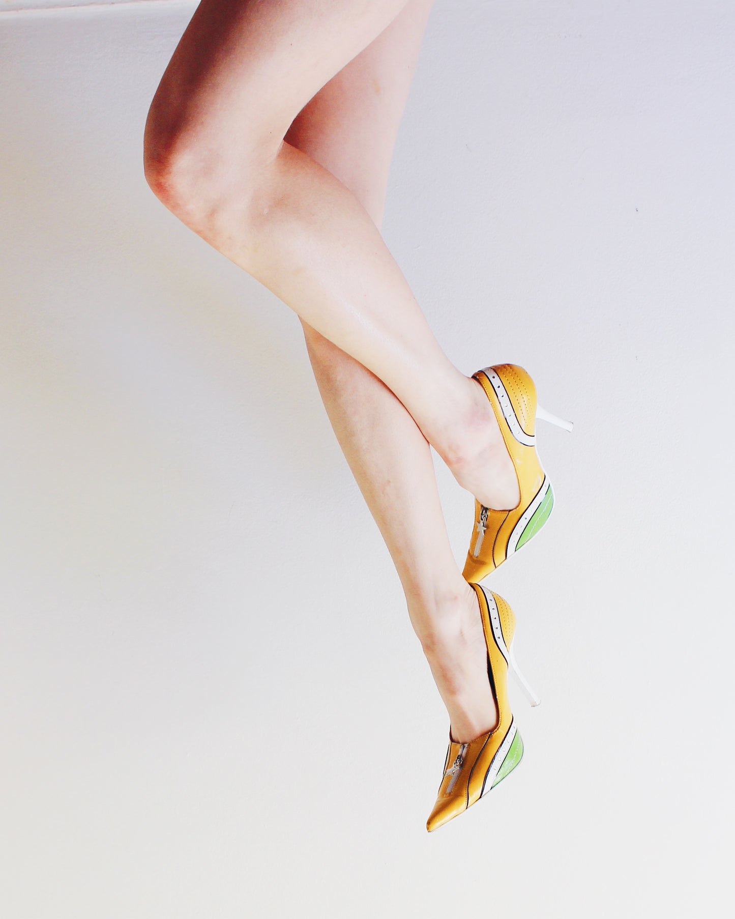 Vintage Y2K Yellow Green Stiletto Heels | Rhinestones & Mock Zipper | Sporty Statement Pointed Toe Pumps