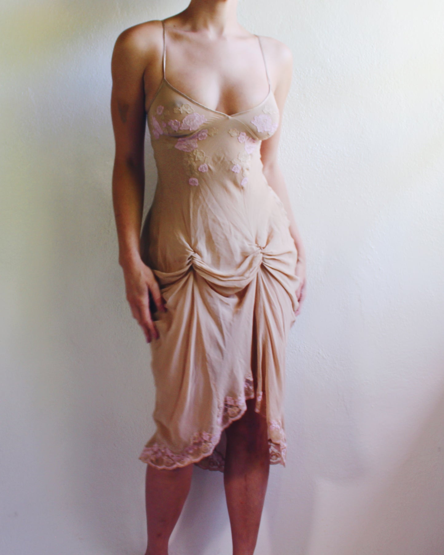 Rare Y2K Victoria’s Secret Silk Slip Dress | Sheer Nude with Pink Lace Roses | Brittany Murphy Uptown Girls | Coquette 2000s Lingerie