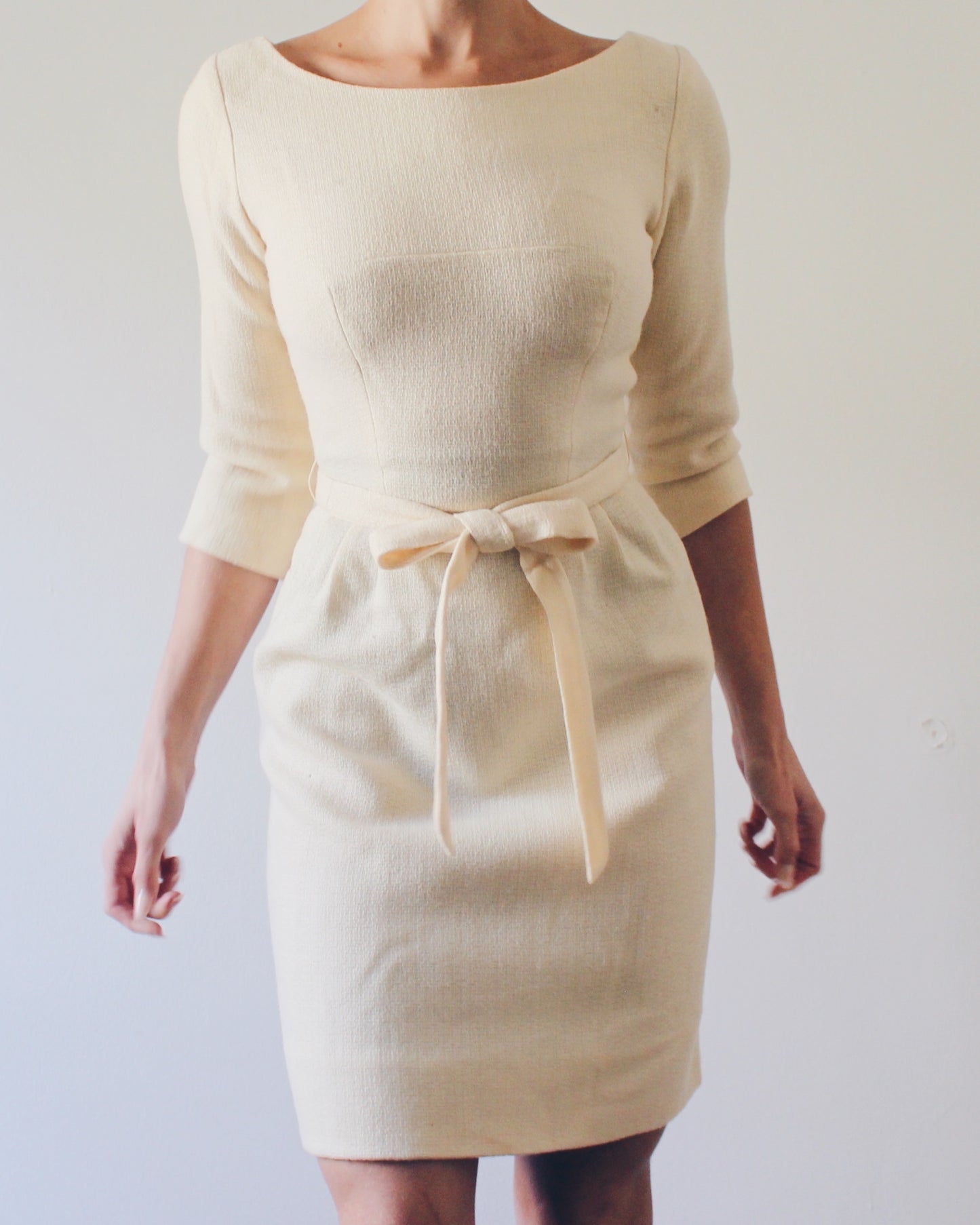 Vintage 60s Cream Wool Dress – Mod Midi with Bow Waist, ¾ Sleeves, Mad Men Style, Sophisticated Retro