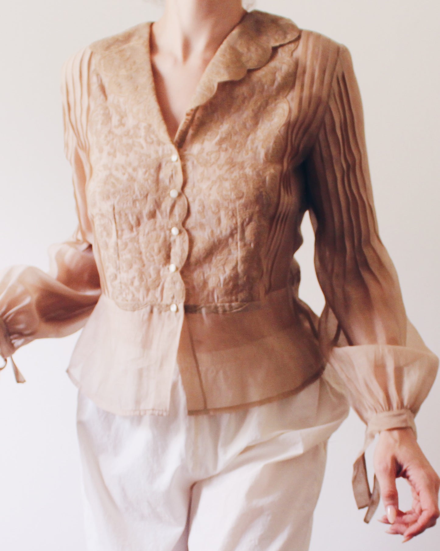 NIC+ZOE Tan Sheer Blouse Medium | Embroidered Floral Victorian Soft Goth Top | Micropleat Sleeve Scalloped Hem Button Up