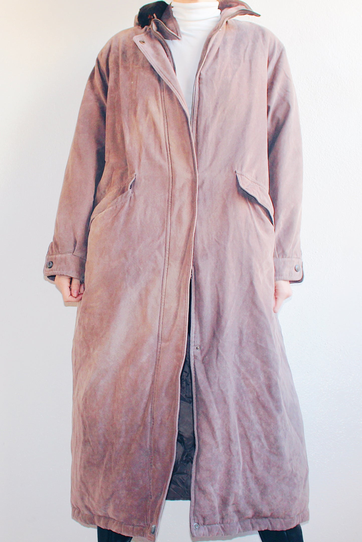 Timeless Elegance: 1980s Chic Long Brown Winter Coat with Faux Fur Hood