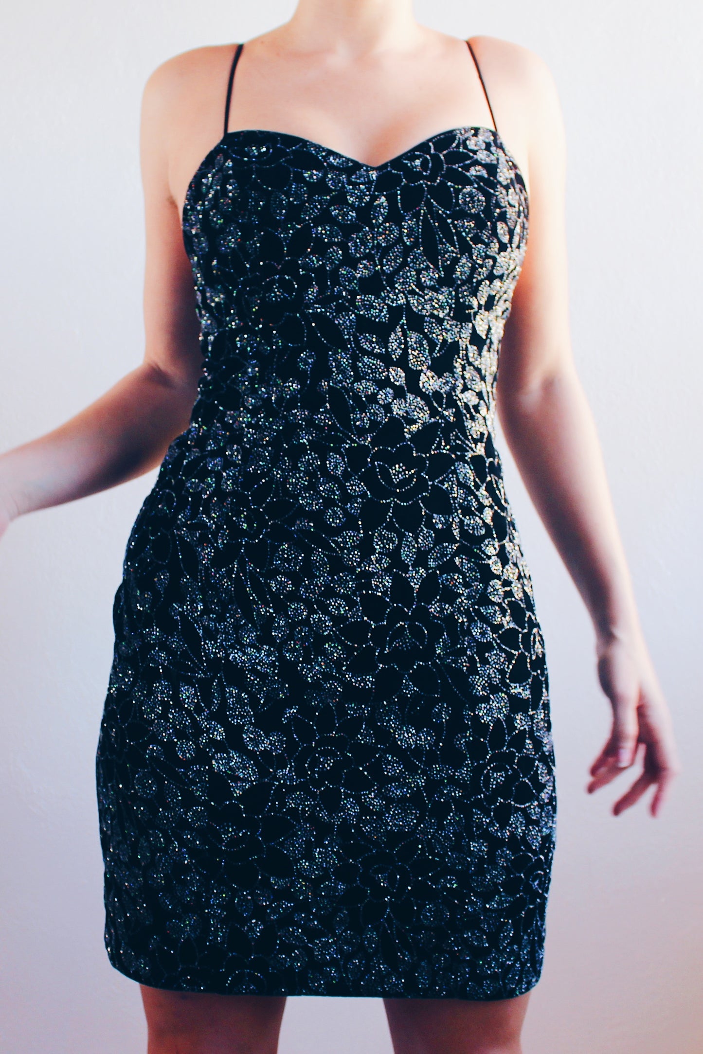 NYE Glamour: Black Velvet Glittery Mini Dress with Shimmery Flowers