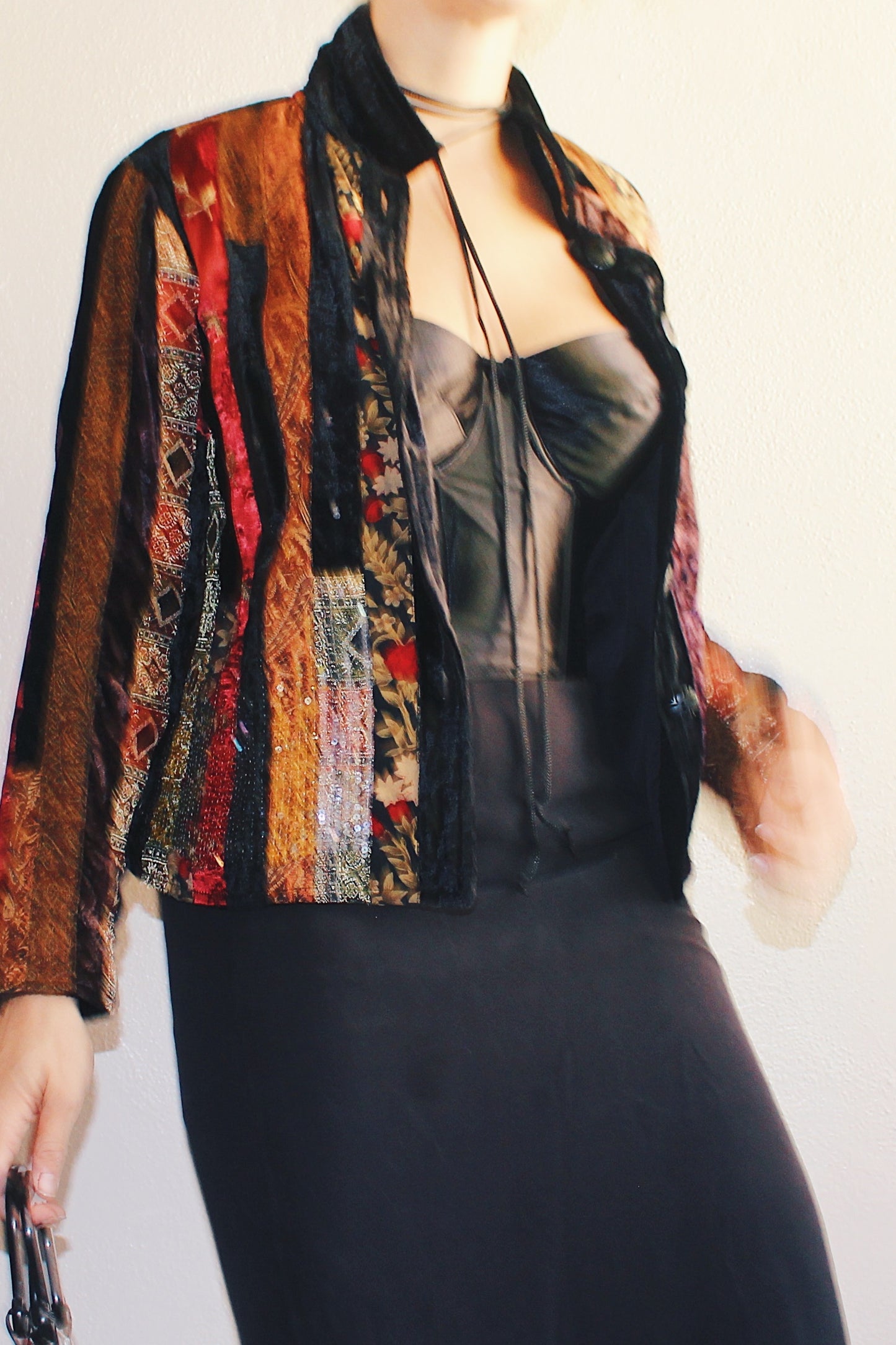 Vintage Black Velvet Patchwork Jacket - 90s Grunge WhimsyGoth Style