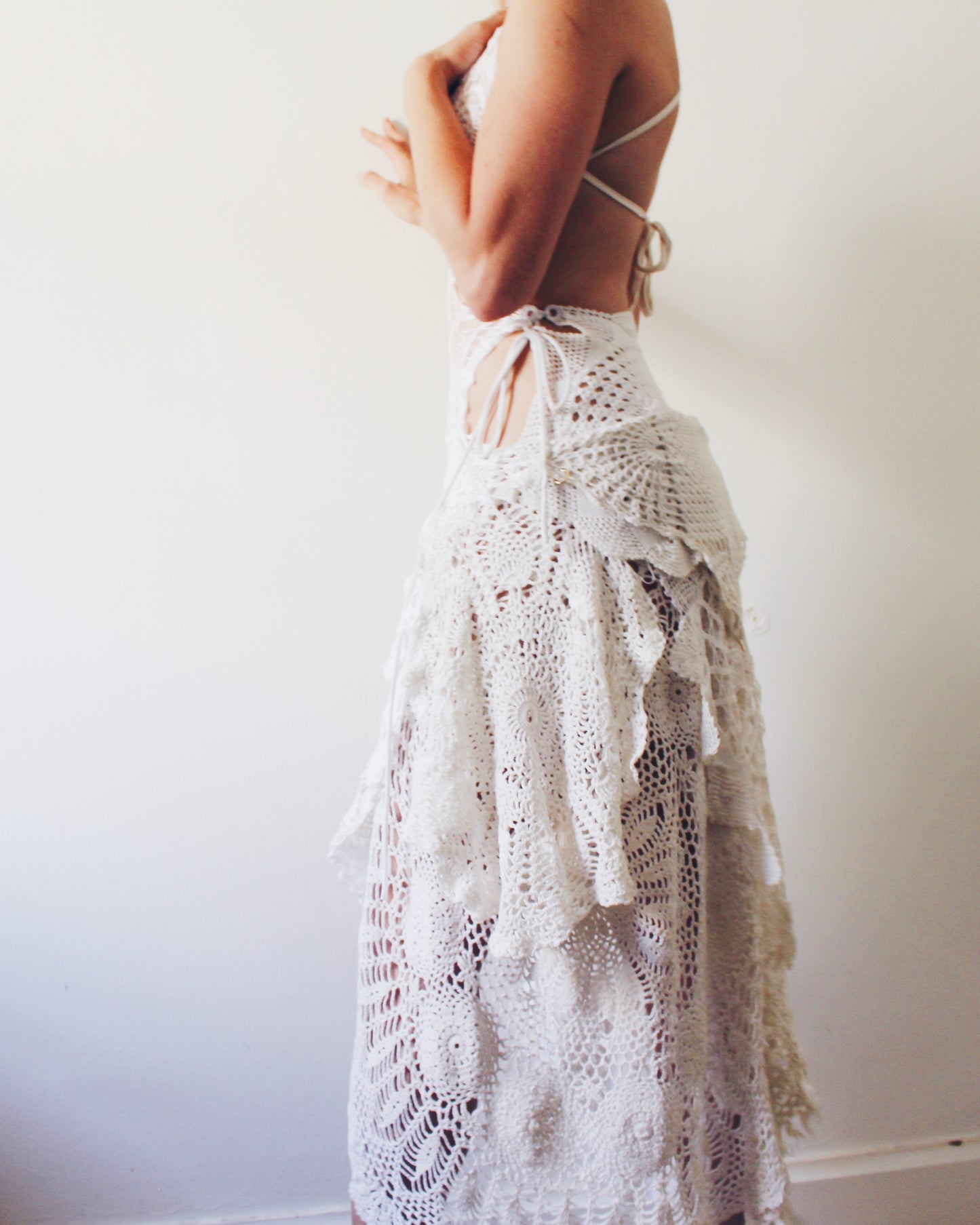 Upcycled Asymmetric Dress Made from Vintage Handmade Doilies - Ethereal Bohemian Style | One-of-a-Kind Statement Piece - festival Doily Gown