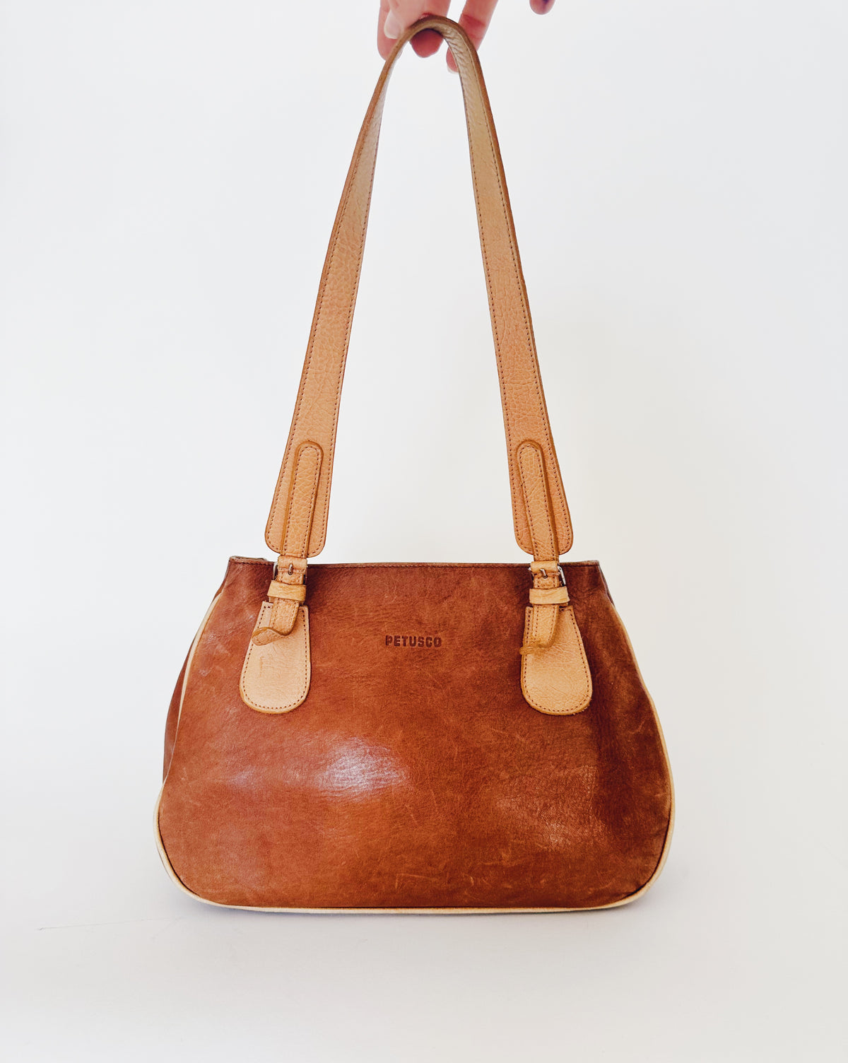 Vintage 90s Petsuco Tan Brown Leather Purse, Wabi Sabi Aged Leather Patina, Classic Retro Handbag, Earthy Neutral Everyday Bag