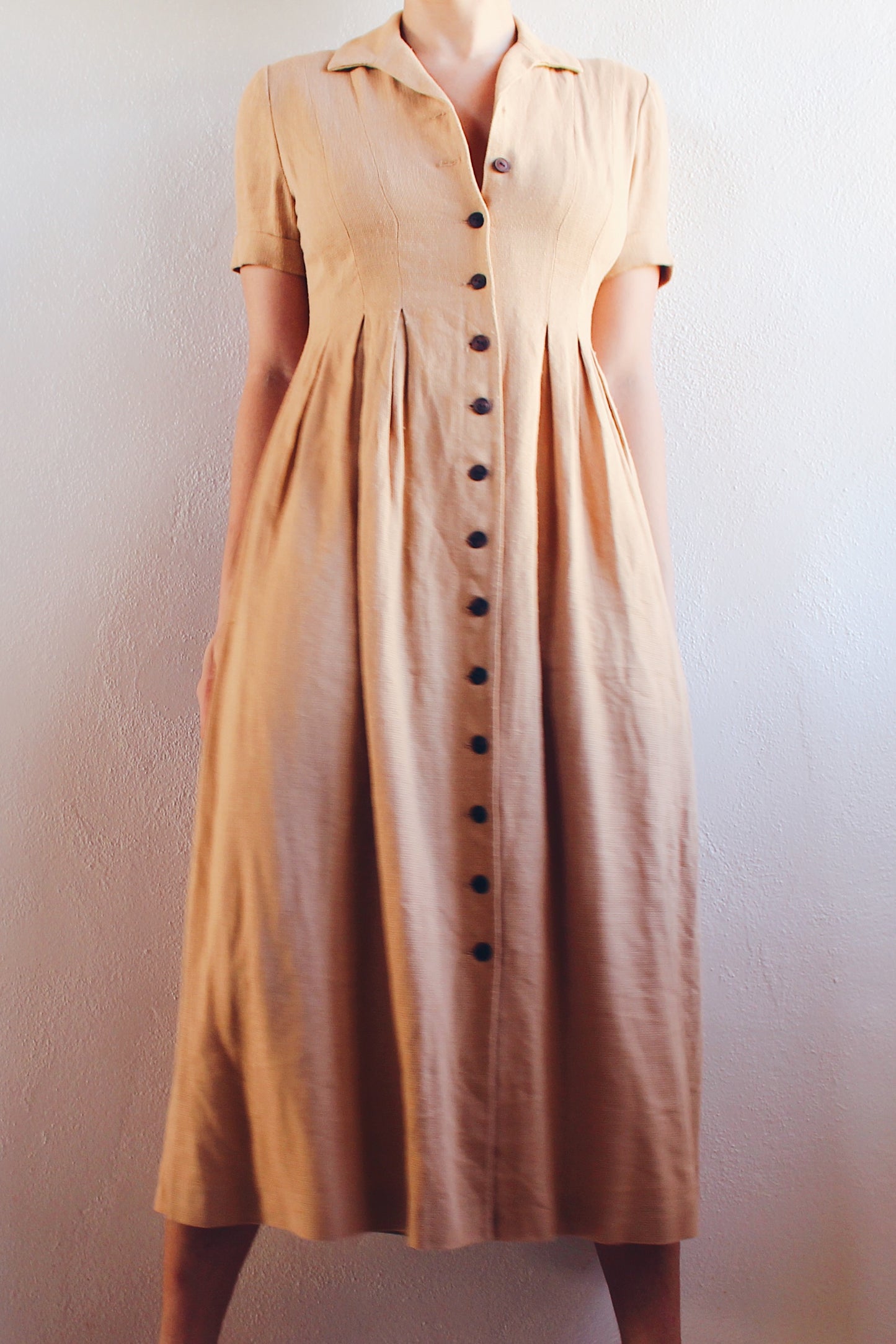 Timeless Linen: 1980s Short Sleeve Minimalist Tan linen-Blend A-Line Dress