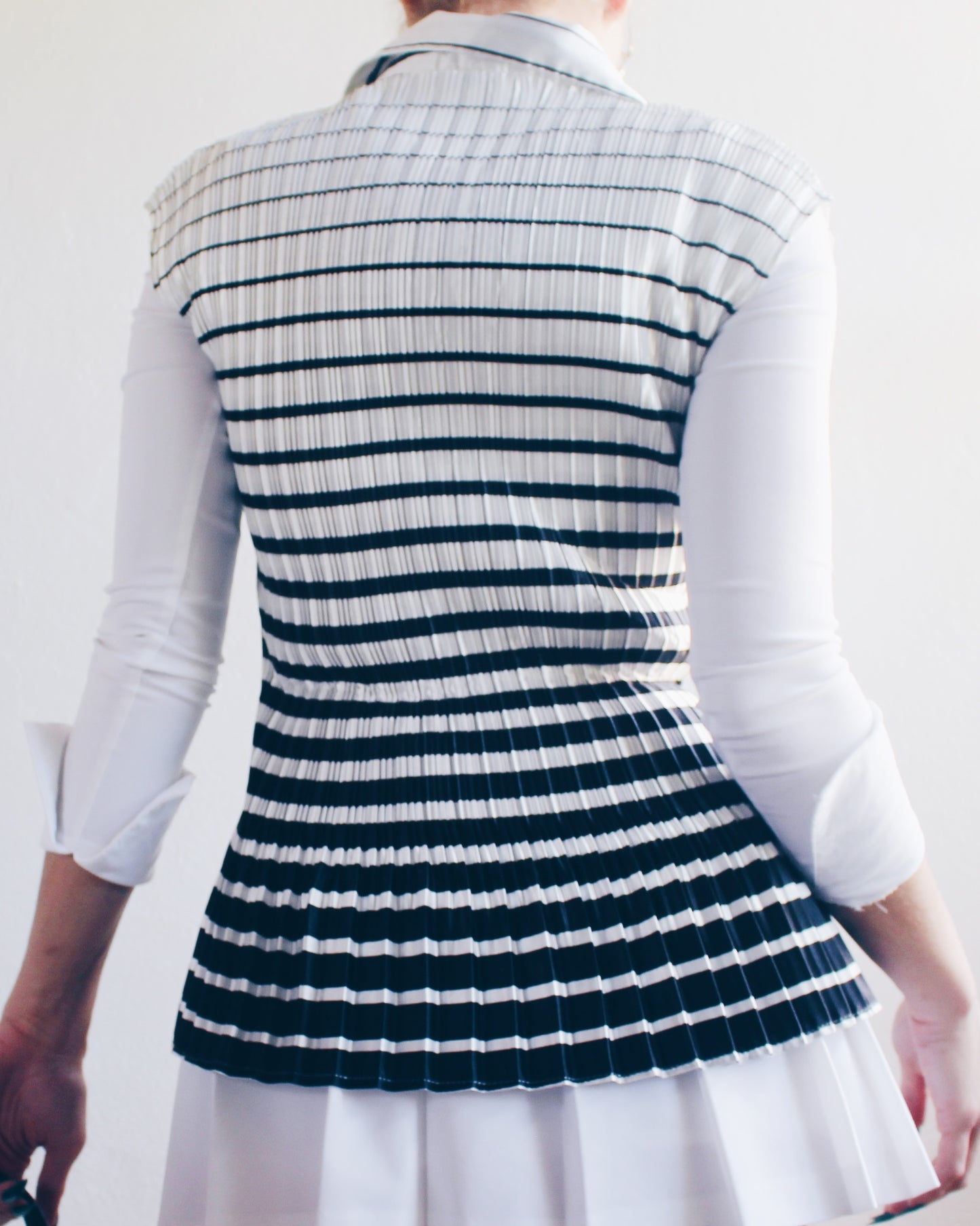 Striped Black and White Pleated Shirt with Collar – Micro Pleats Inspired by Issey Miyake | Chic Office Wear