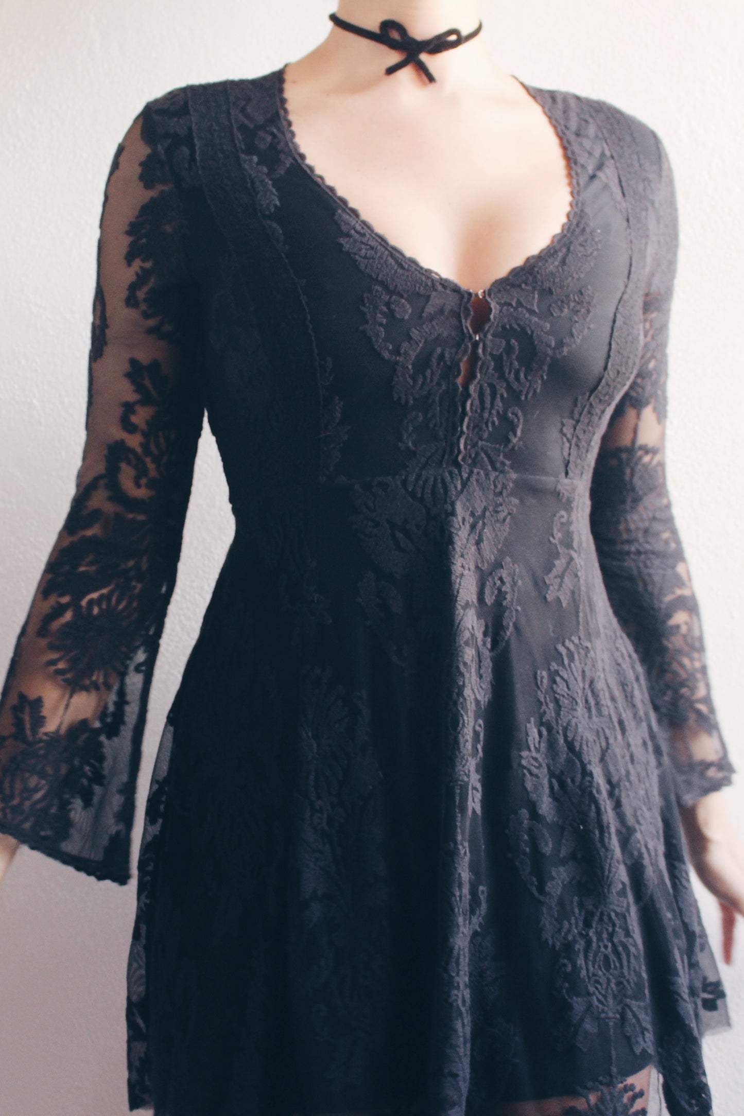 Ethereal Elegance: Vintage Black Lace Bell Sleeve Dress for Your Dark Victorian Dreams