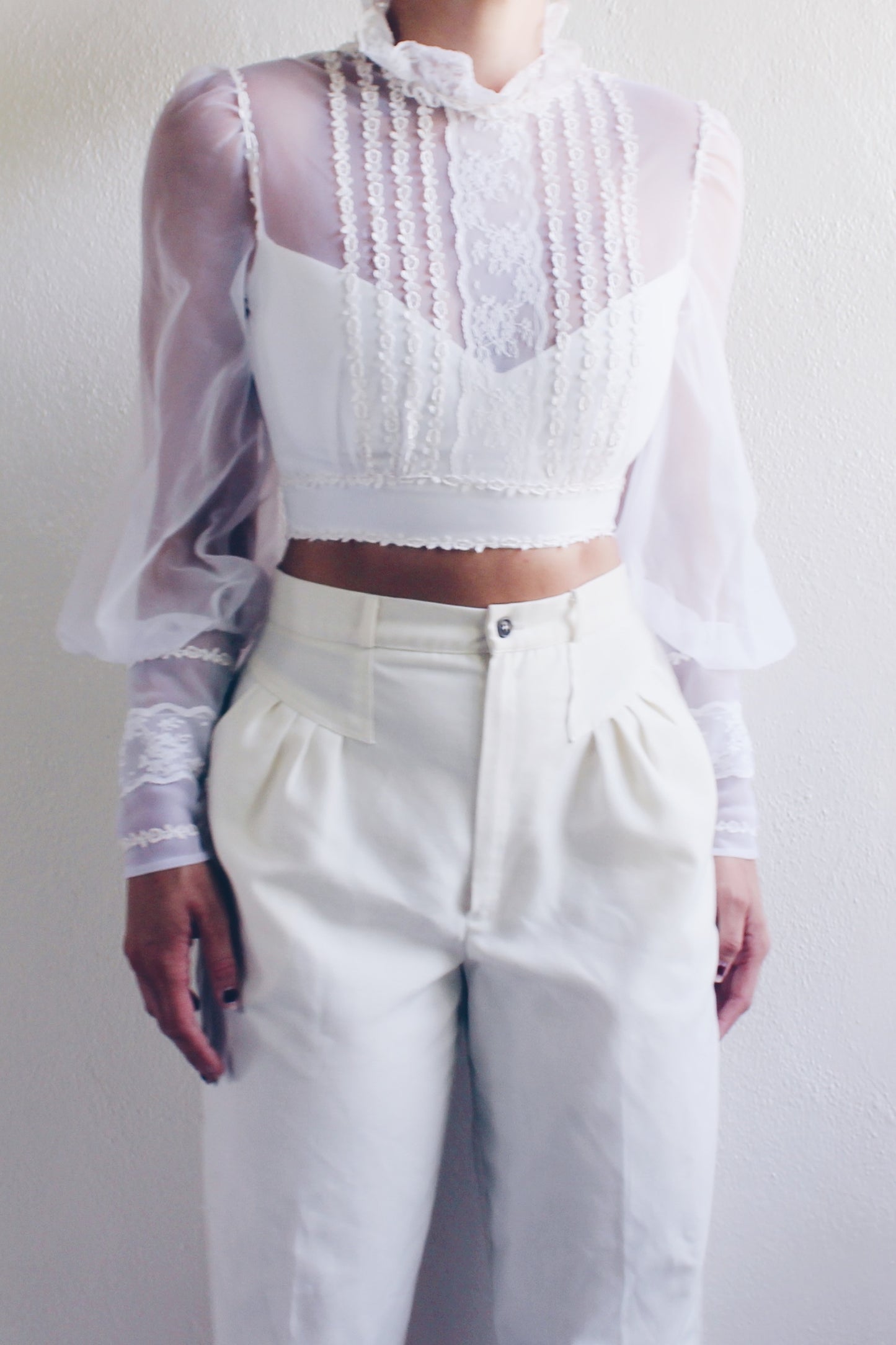 White cottagecore blouse / reworked lace up puff sleeve crop top/ Victorian high Collar Lace shirt