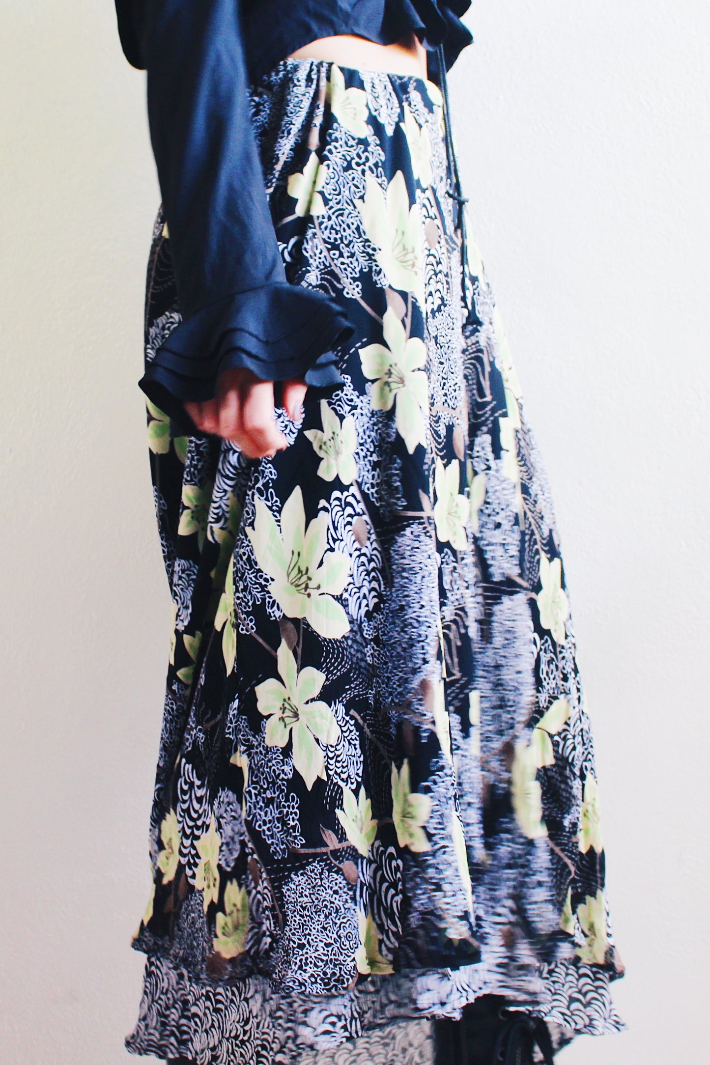 Vintage 90s Black Floral Maxi Skirt - Romantic Grunge Whimsygoth Style