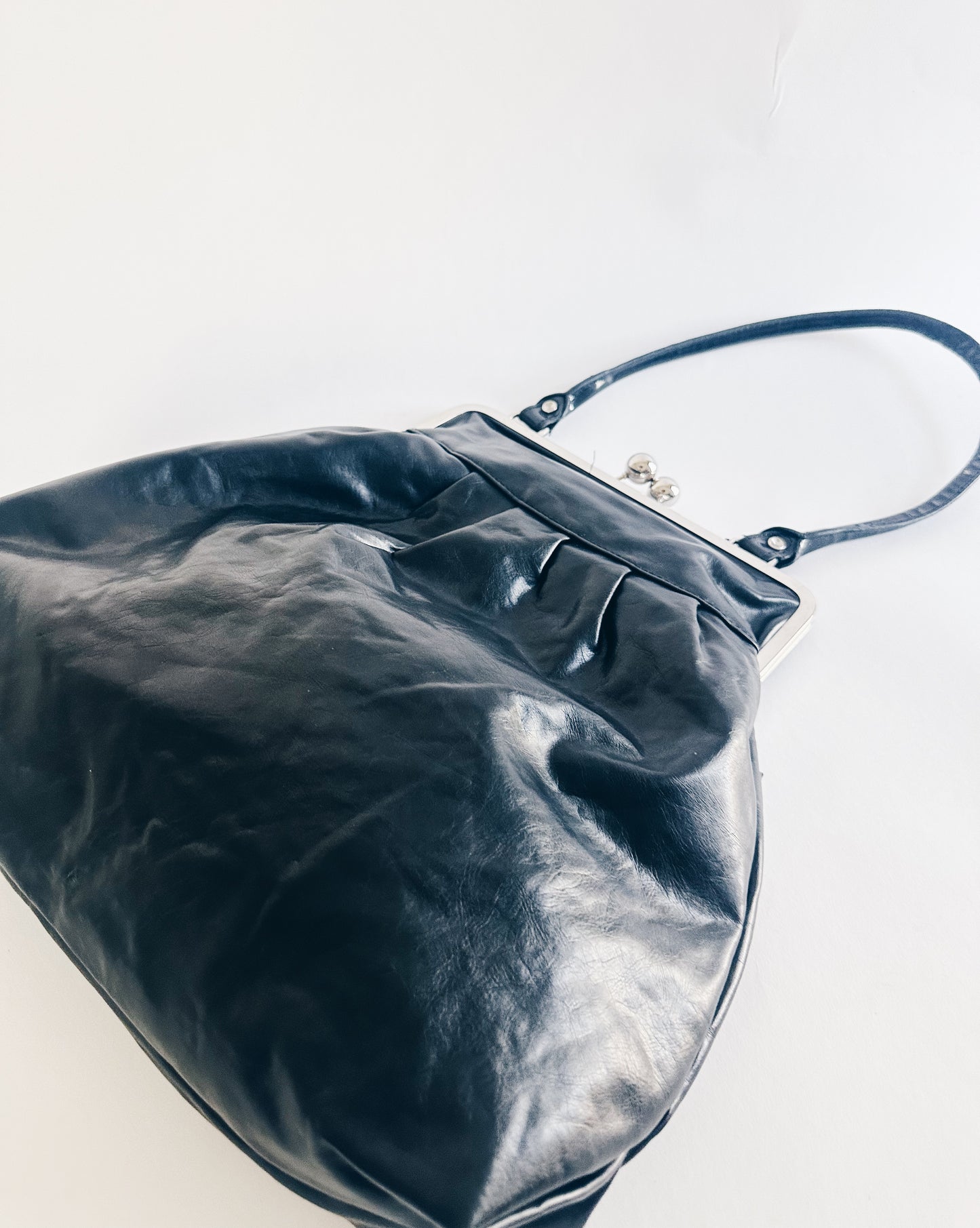 Black Giant Faux Leather Coin Purse Handbag with Silver Clasp – Bold Statement Piece