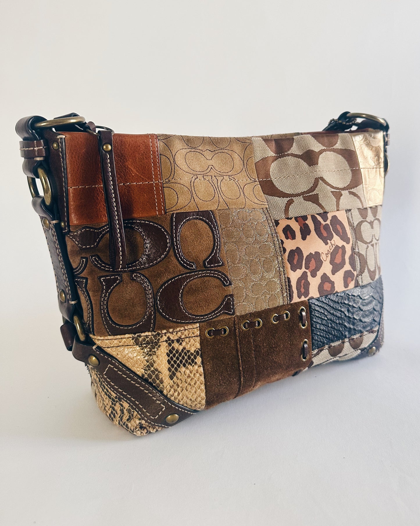 Vintage Y2K Coach Brown Animal Print Patchwork Leather Purse – Legacy Carly Coach, Designer Statement Bag in Pristine Condition