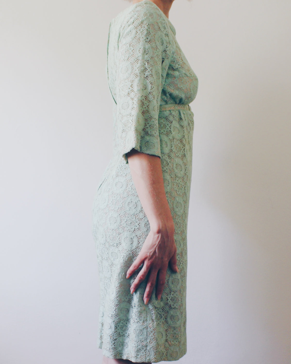 Vintage Blakely Fashions Mint Green Lace Dress S | Handmade 60s Mod Shift Dress with Belt | Retro Coquette Bracelet Sleeve Cocktail