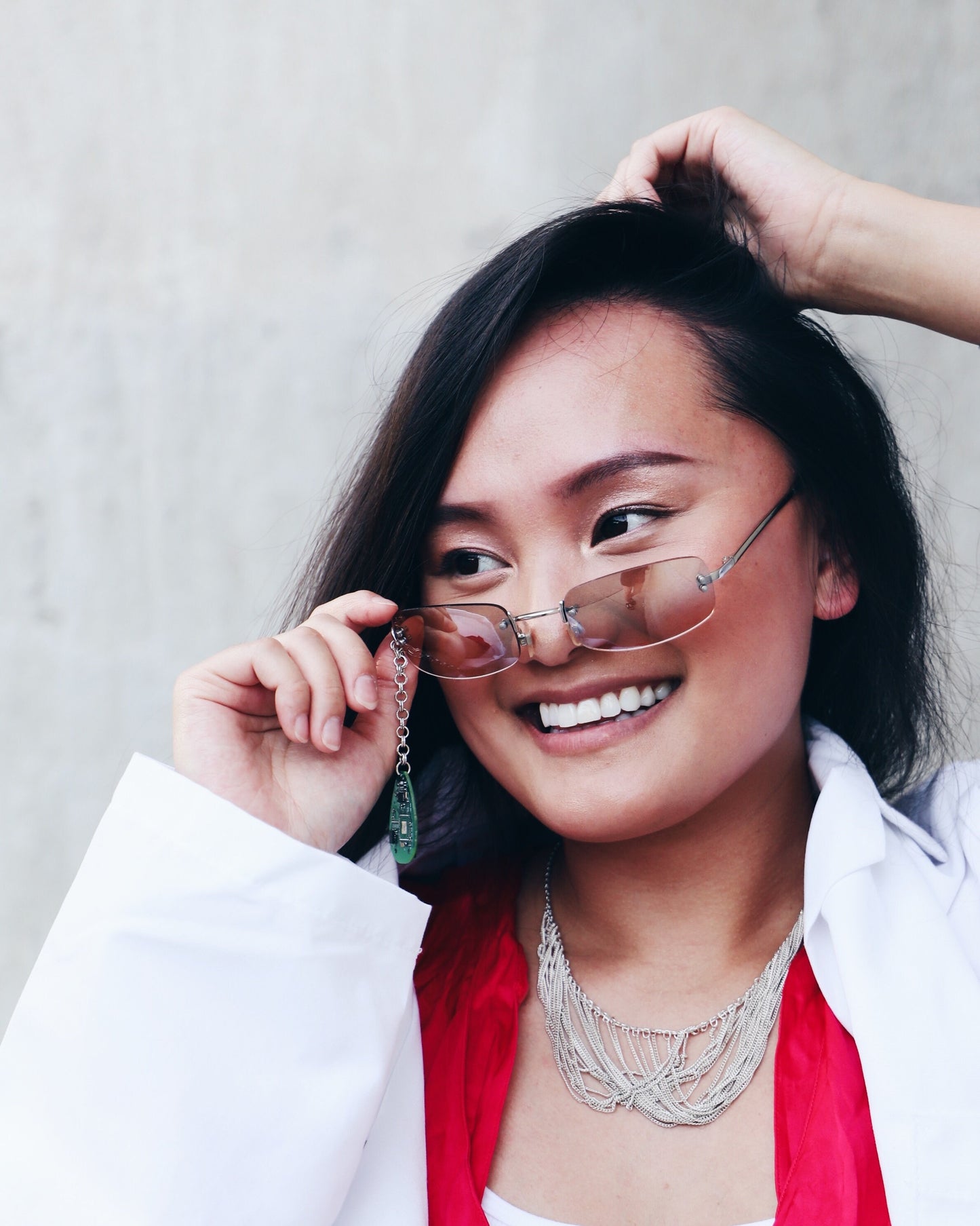 Y2K Matrix Cyberpunk Sunglasses - Vintage Rimless Shades with Teardrop Circuit Board Charm