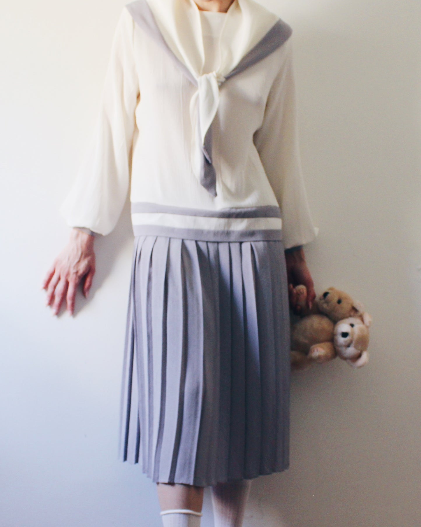 Vintage 1980s Nautical Sailor Dress | Cream Grey Drop Waist Pleated Midi | Scarf Tie Japanese Schoolgirl Preppy Mod Trends Jerrie Lurie
