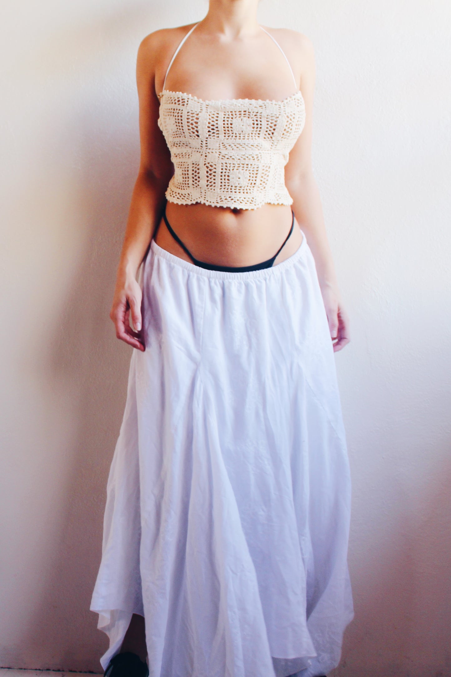 Y2K Boho Bliss: White Cotton Layered Embroidered Maxi Skirt for Summer Serenity