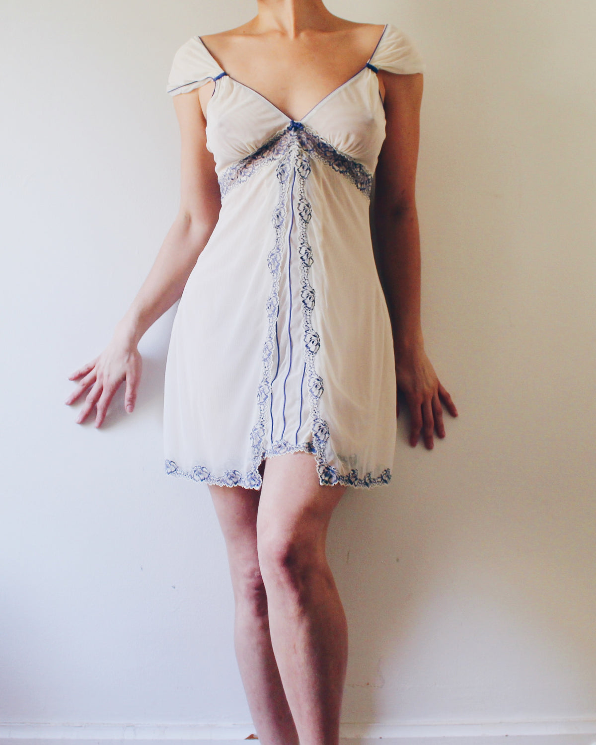 Y2K Cream Empire Waist Slip Dress with Violet Lace, Whimsygoth Soft Goth Style, Can Be Worn as Day Dress or Intimate Piece