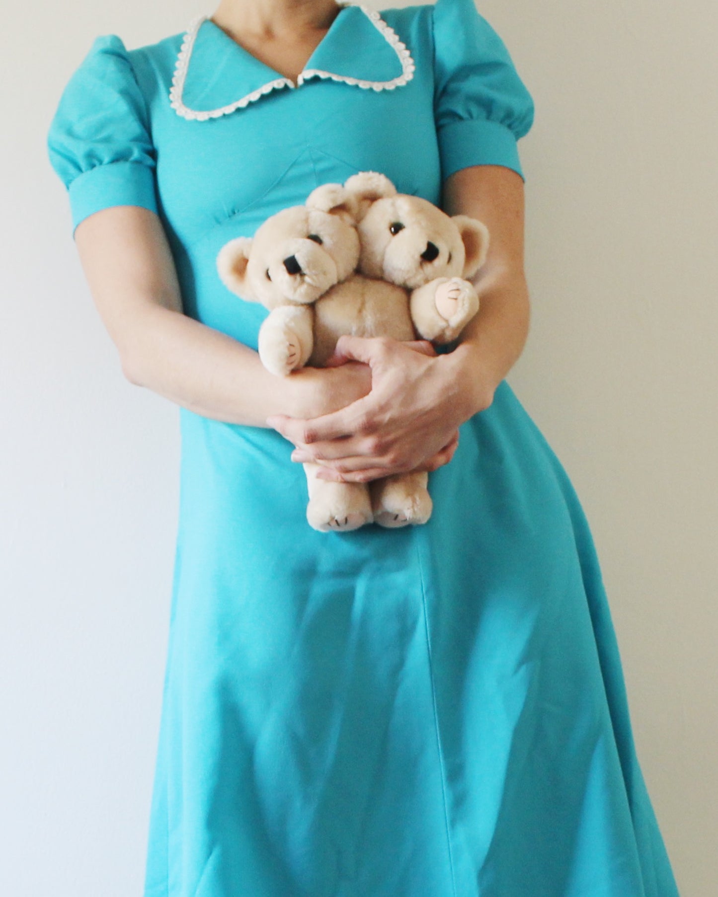 Vintage 1970s Bright Blue Dress | Handmade Maxi Dress with Scalloped Collar | Coquette Puff Sleeve Cottagecore Prairie Style