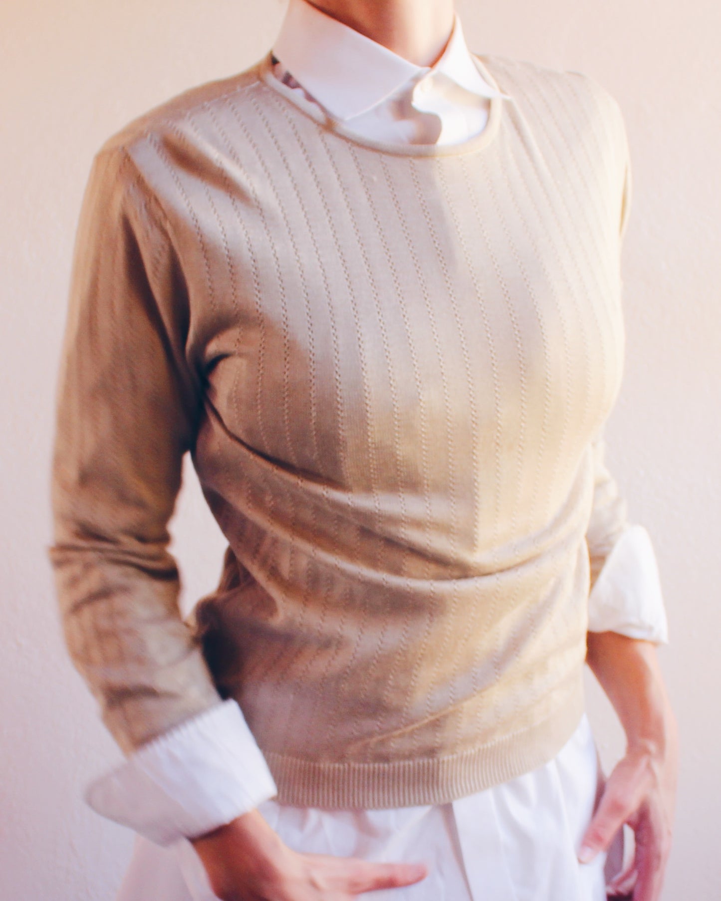 Vintage Silk Talbots Beige Knit Sweater – Minimalist Academic Style Layering Top
