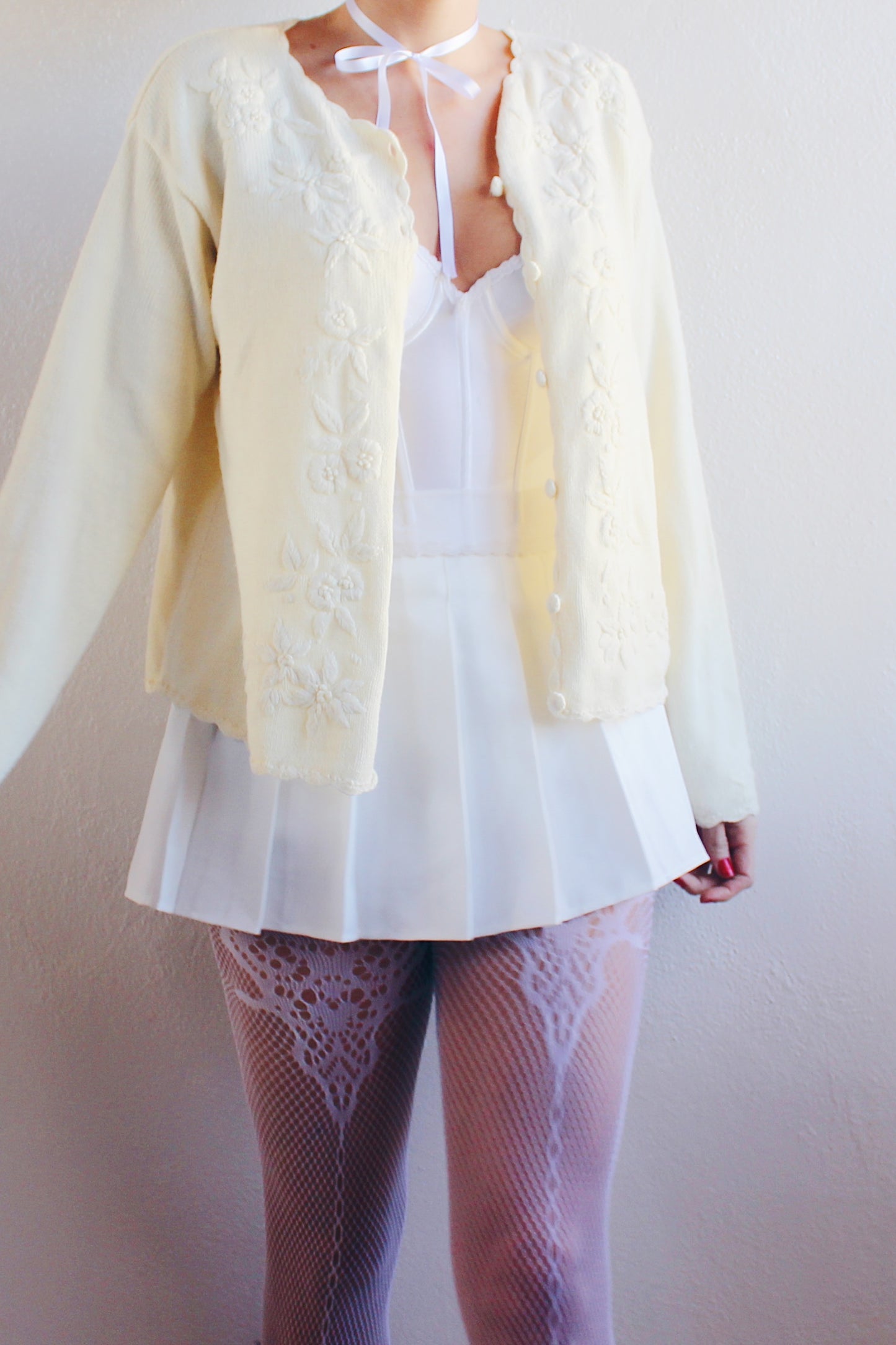 Vintage Cream Knit Floral Coquette Cardigan | 1980s Retro Flower Sweater | Cozy Kawaii Chic