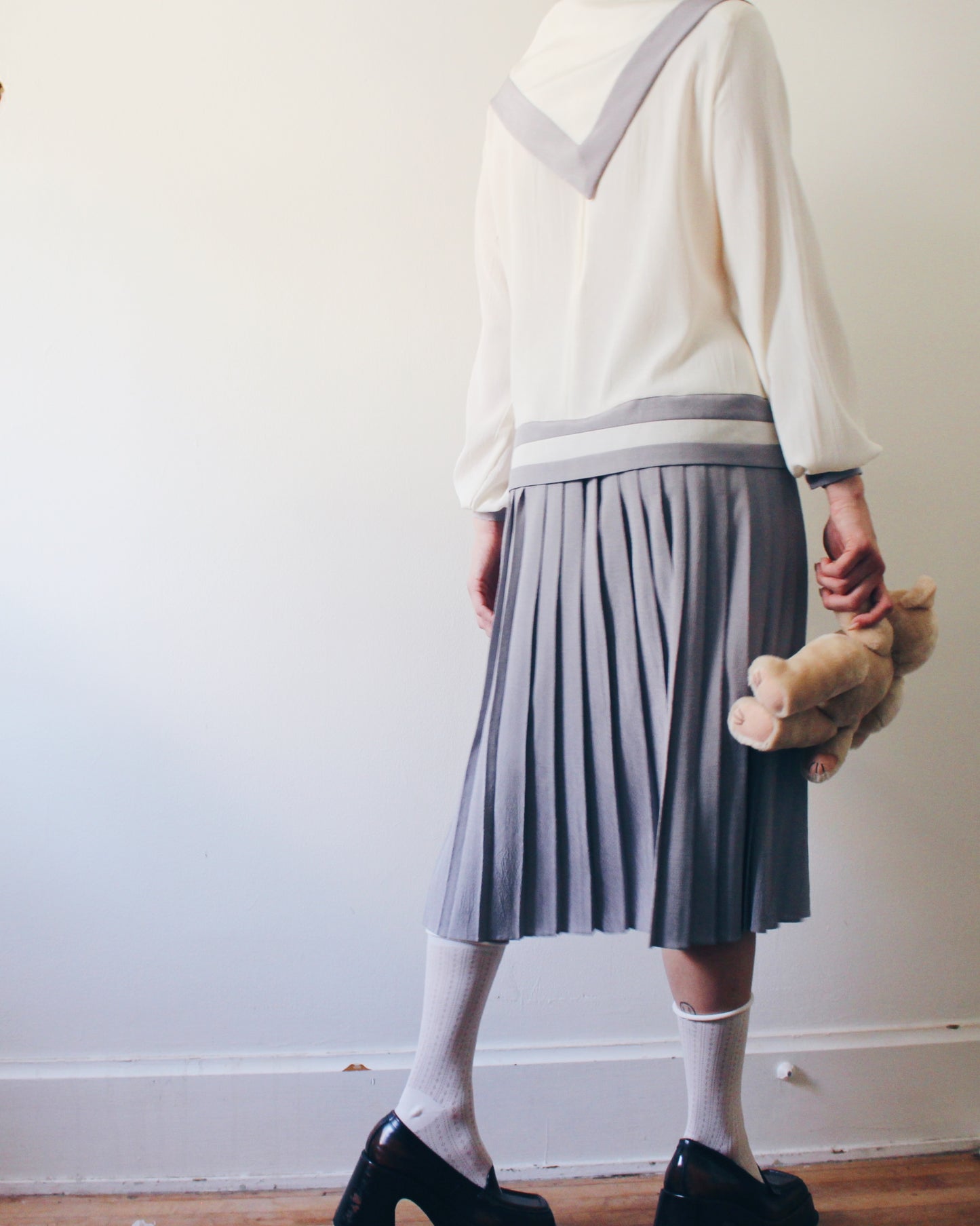 Vintage 1980s Nautical Sailor Dress | Cream Grey Drop Waist Pleated Midi | Scarf Tie Japanese Schoolgirl Preppy Mod Trends Jerrie Lurie