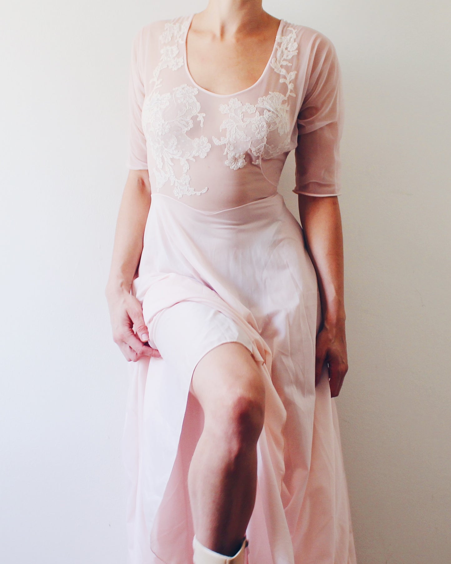 Vintage Vanity Fair Sheer Pink Nightgown S | 1950s Boudoir Lingerie Gown Embroidered Lace | A-Line Long Sheer Nightgown 3/4 Sleeve