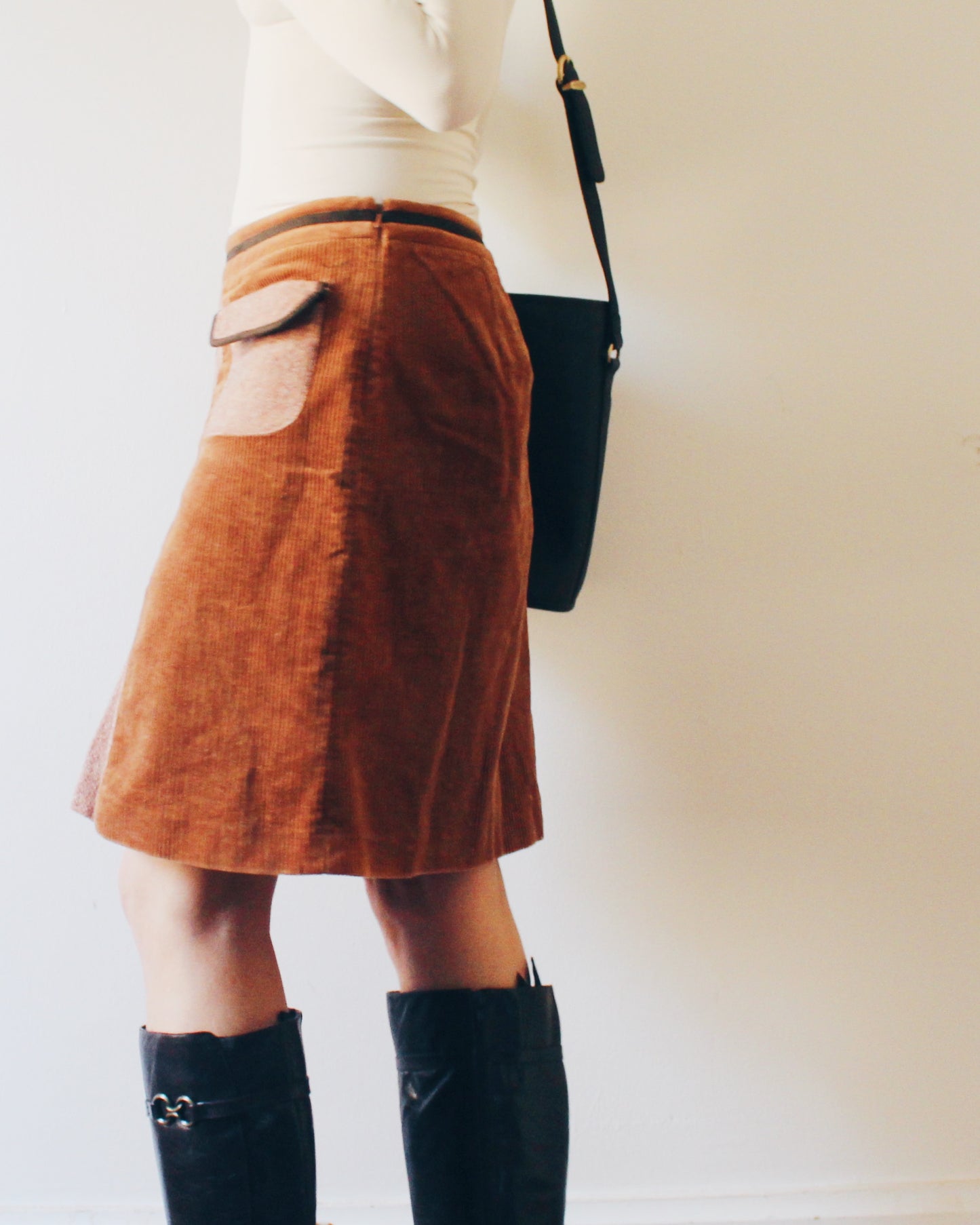 Vintage Corduroy and Wool Pocket Skirt – Low Waist 70s Style Midi in Earth Tones