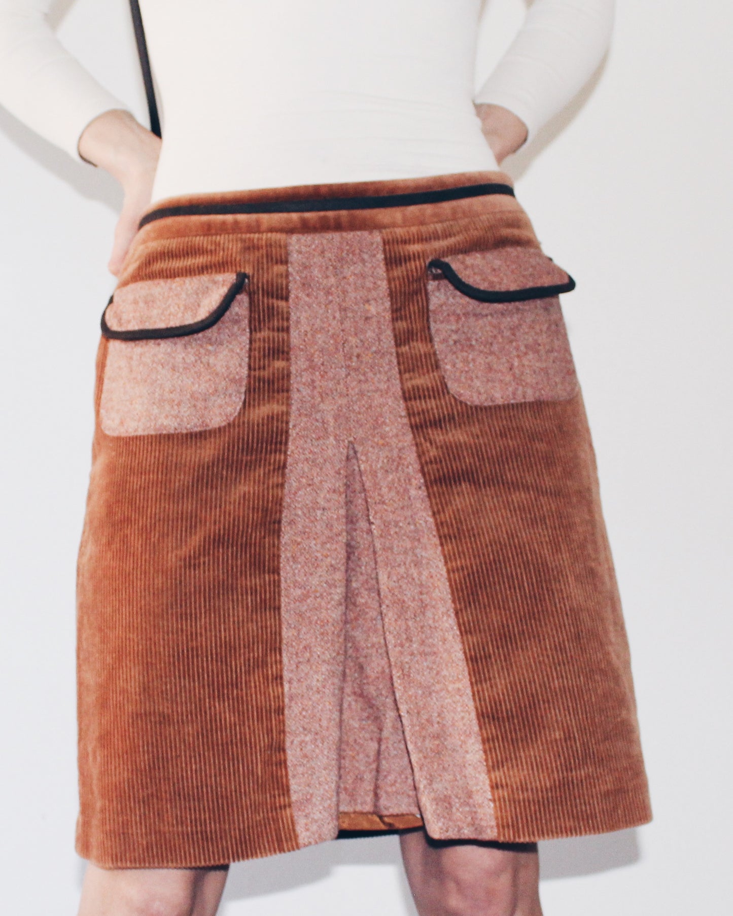 Vintage Corduroy and Wool Pocket Skirt – Low Waist 70s Style Midi in Earth Tones