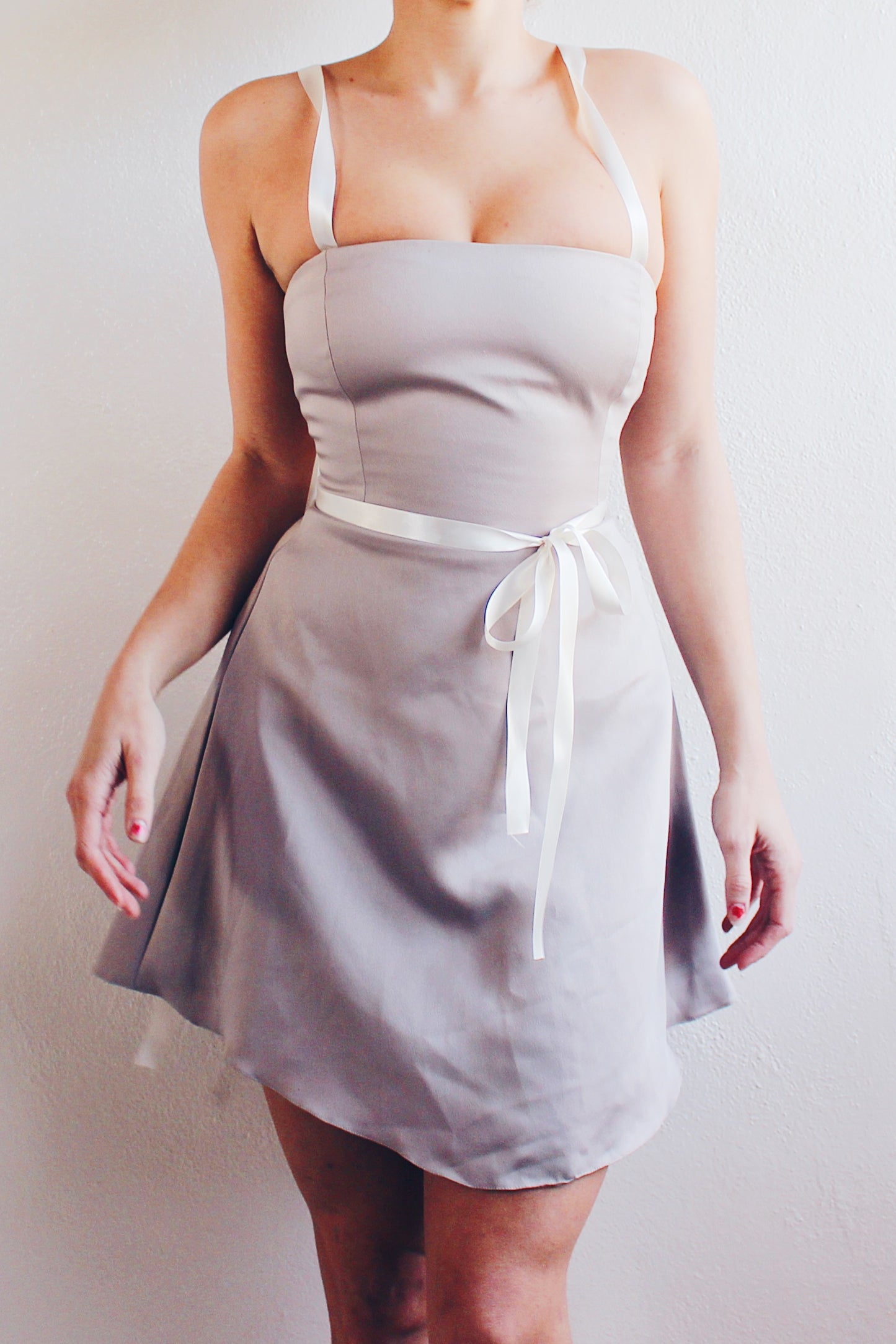 Vintage Chic Khaki-Grey Mini Dress - Form-Flattering Elegance with Upcycled Ribbon Details