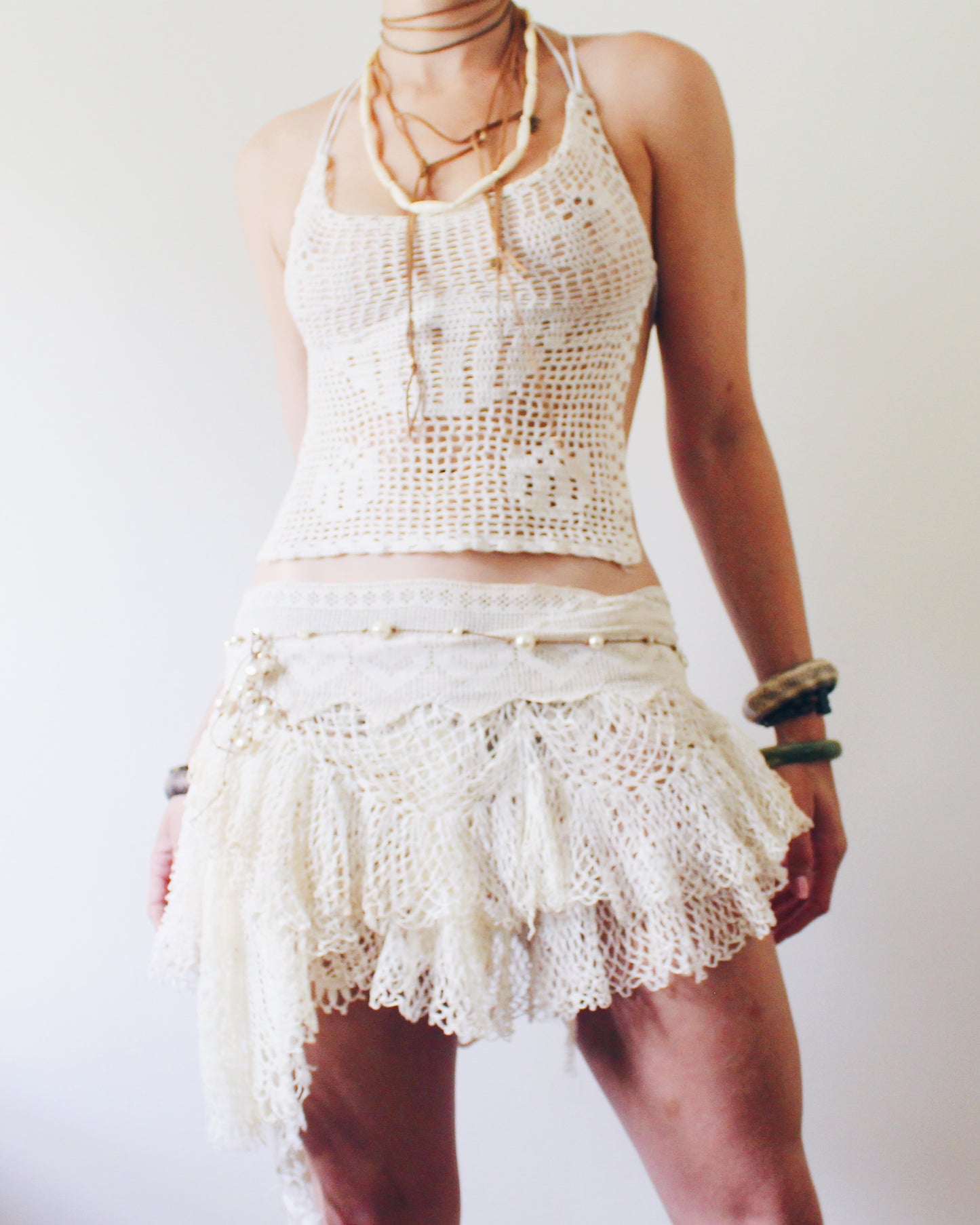 Upcycled Vintage Doily Mini Skirt | Drop Waist Y2K Boho Style | Handmade Eclectic Lace Skirt