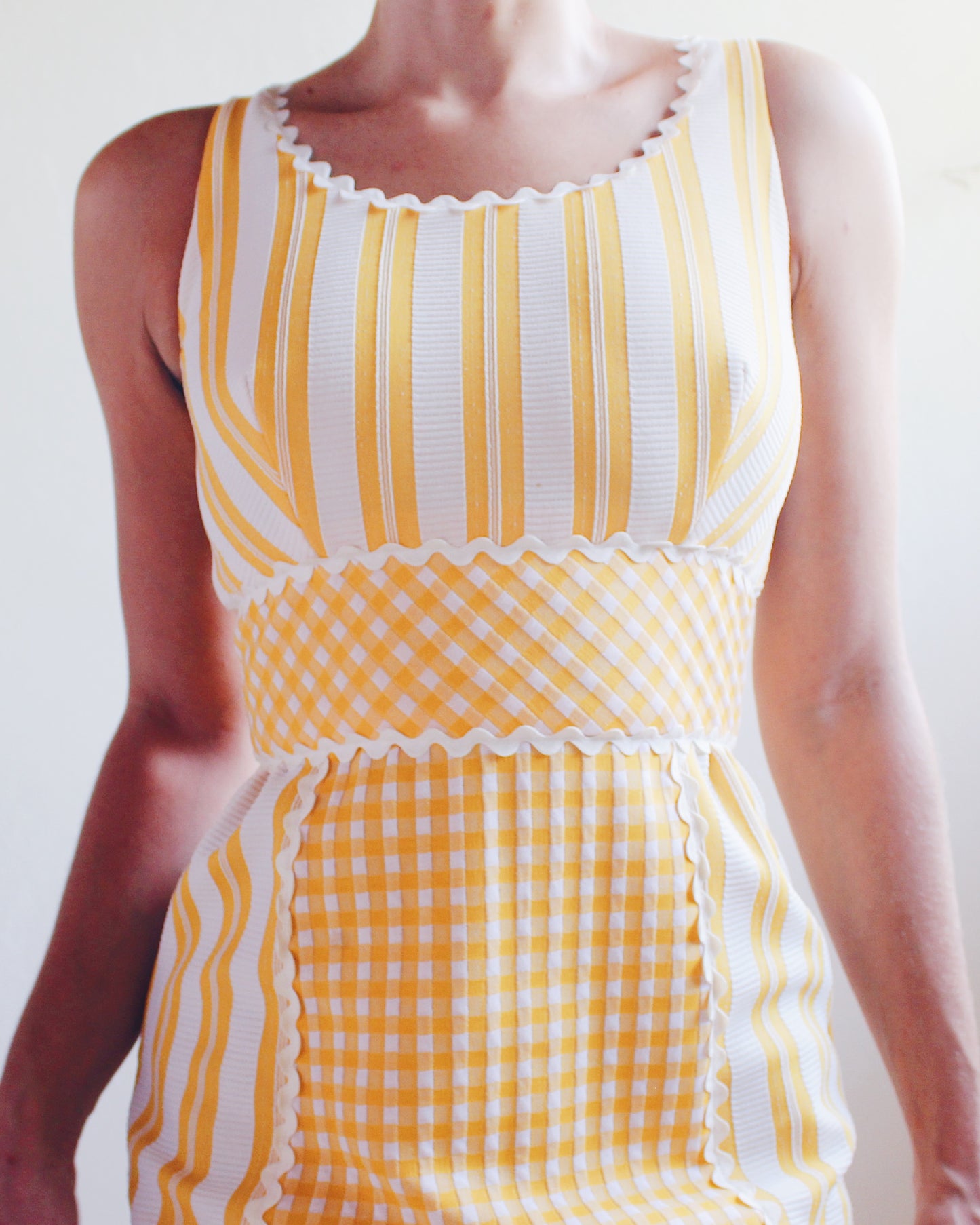 Vintage 1970s Ruth Norman Yellow and White Checked & Striped Long Dress - Americana Coquette Style | Perfect for Summer parties