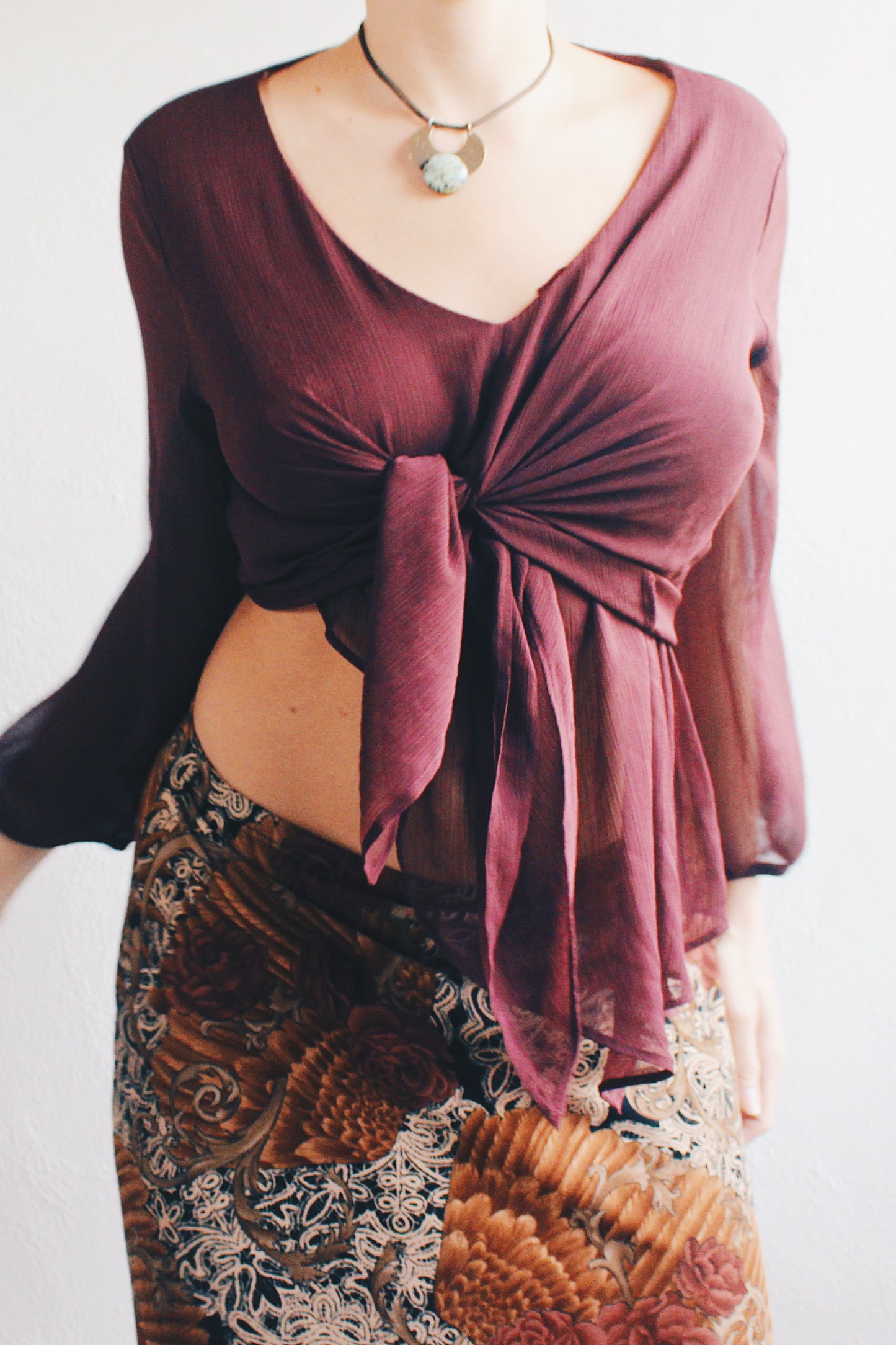 Enchanting Witch Vibes: Burgundy Sheer Asymmetric Top | Eco-Upcycled Fashion