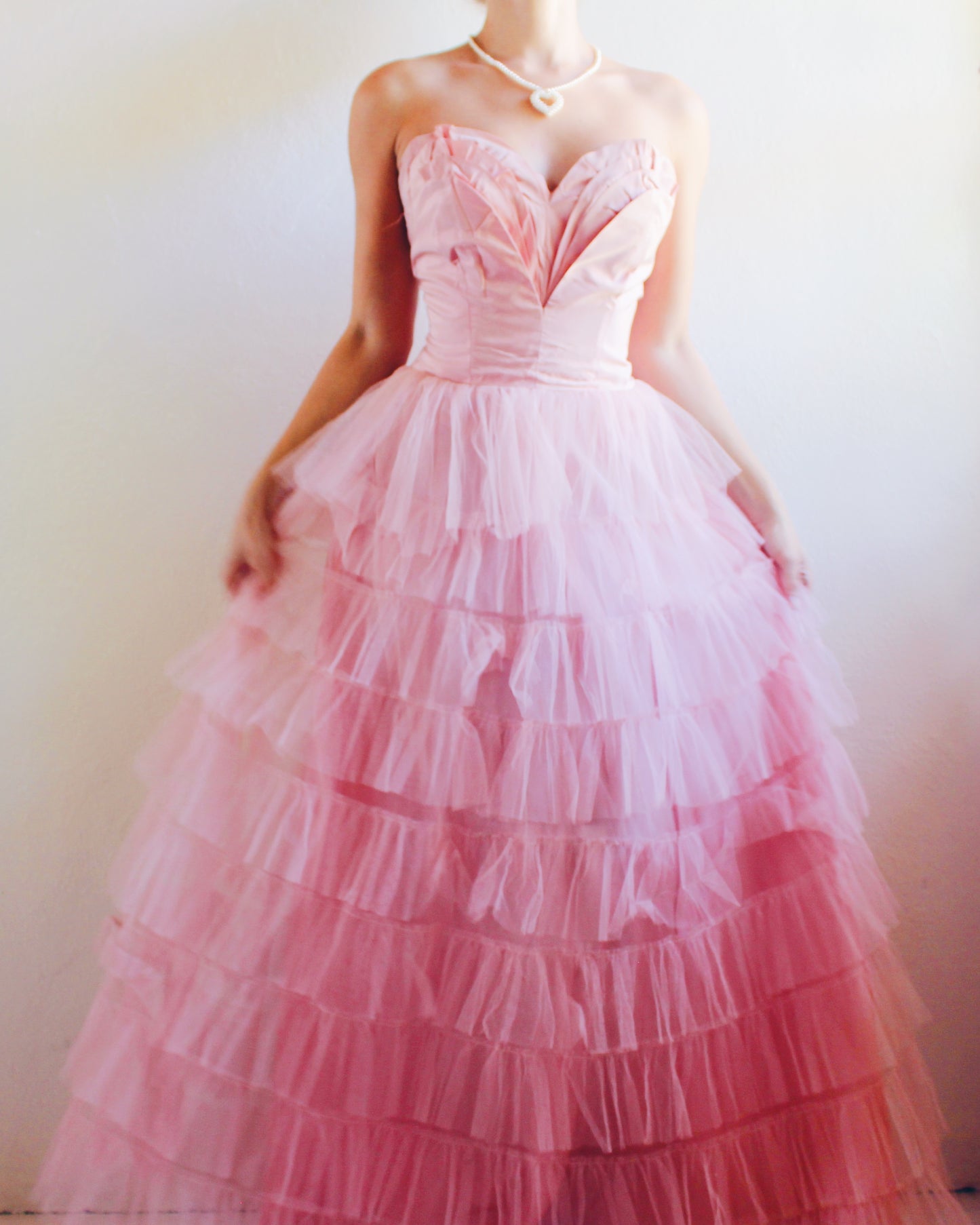 Vintage 1960s Coquette Pink Tiered Tulle Gown – Strapless Bombshell Prom Dress | Ultra-Girlie Princess Statement Piece
