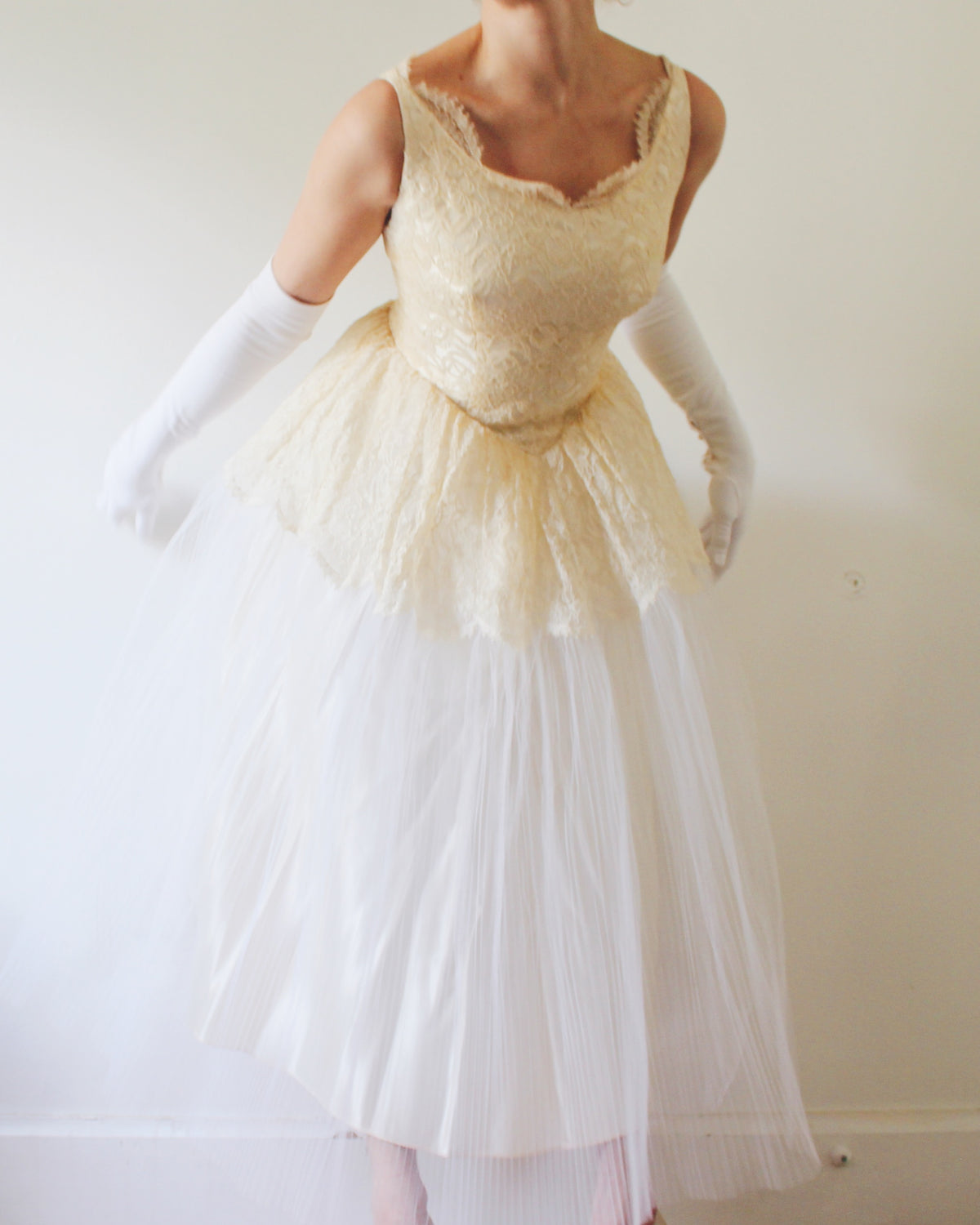 Vintage Ethereal Coquette Lace Midi Wedding Dress, Sleeveless Drop Waist, Cream Lace Bodice, Flared Micro Pleated Mesh Skirt