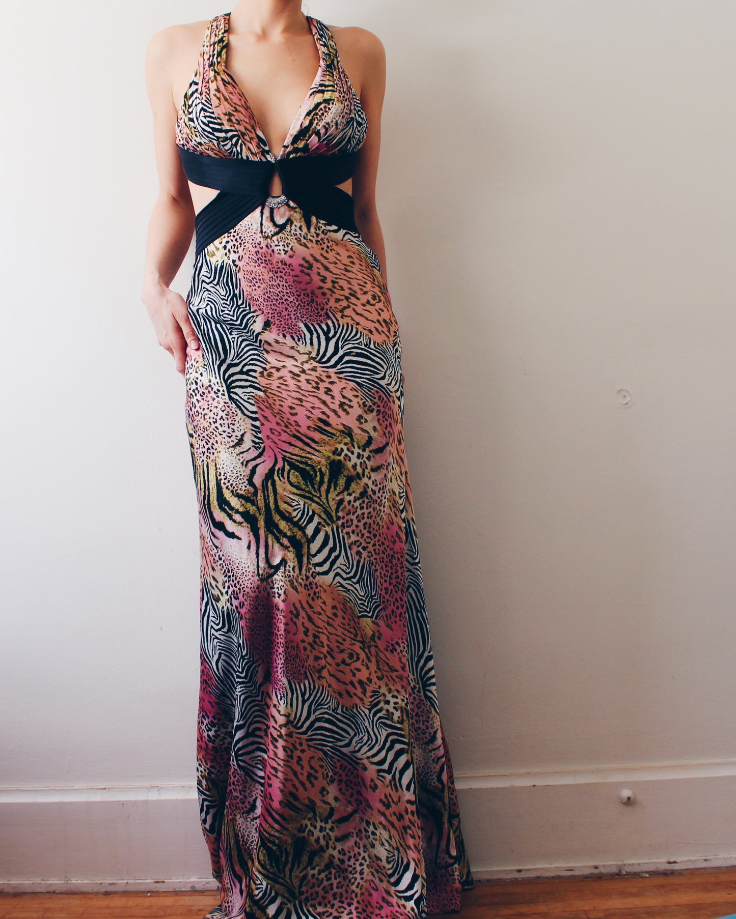 Vintage Y2K Black & Pink Zebra Print Prom Dress – Open Back Animal Print Statement Dress