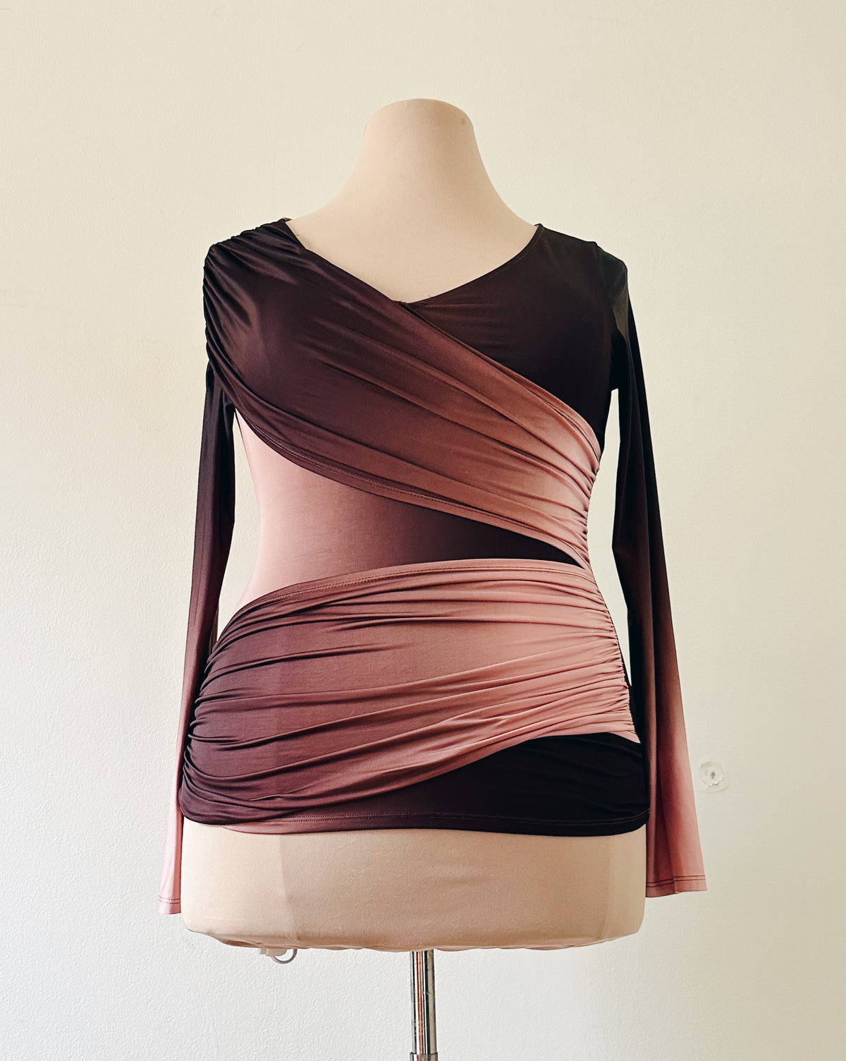 Vintage Y2K Venus Ombre Shirt, Asymmetric Long Sleeve Top, Plum to Peachy Rose Gradient, Layered Diagonal Statement Top
