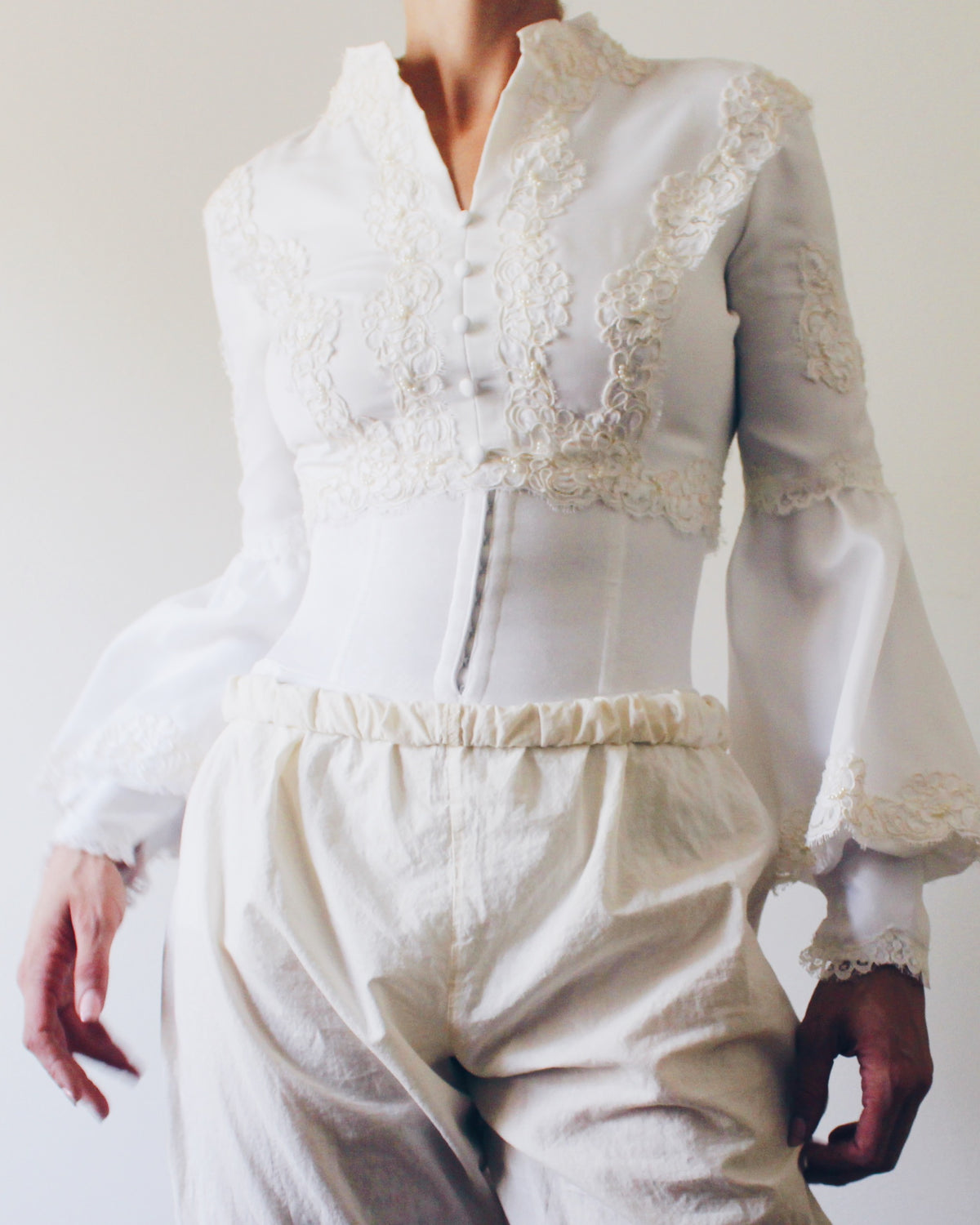 Upcycled Cropped Wedding Top, Lace Up Soft Goth Long Sleeve Blouse, Victorian Pirate Style Bell Sleeves, Made from Vintage Wedding Dress