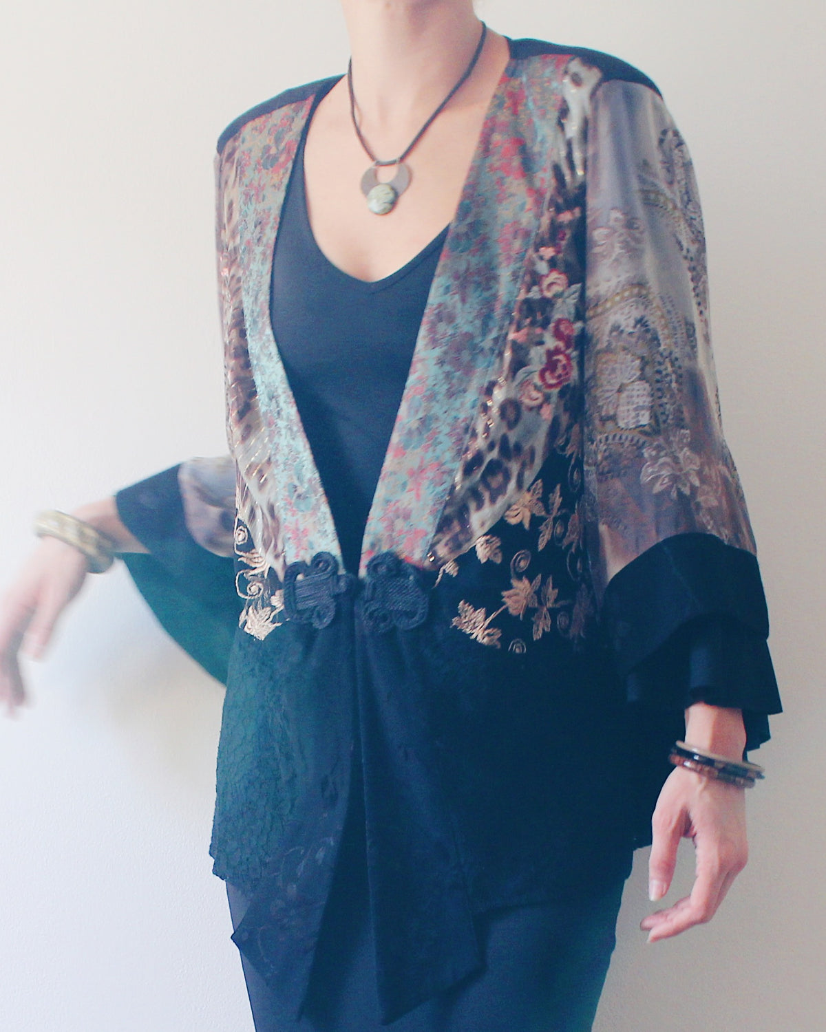 Vintage 90s Spencer Alexis Whimsygoth Patchwork Kimono Sleeve Jacket Robe, East Asian Textile Print, Chinese Frog Button Closure