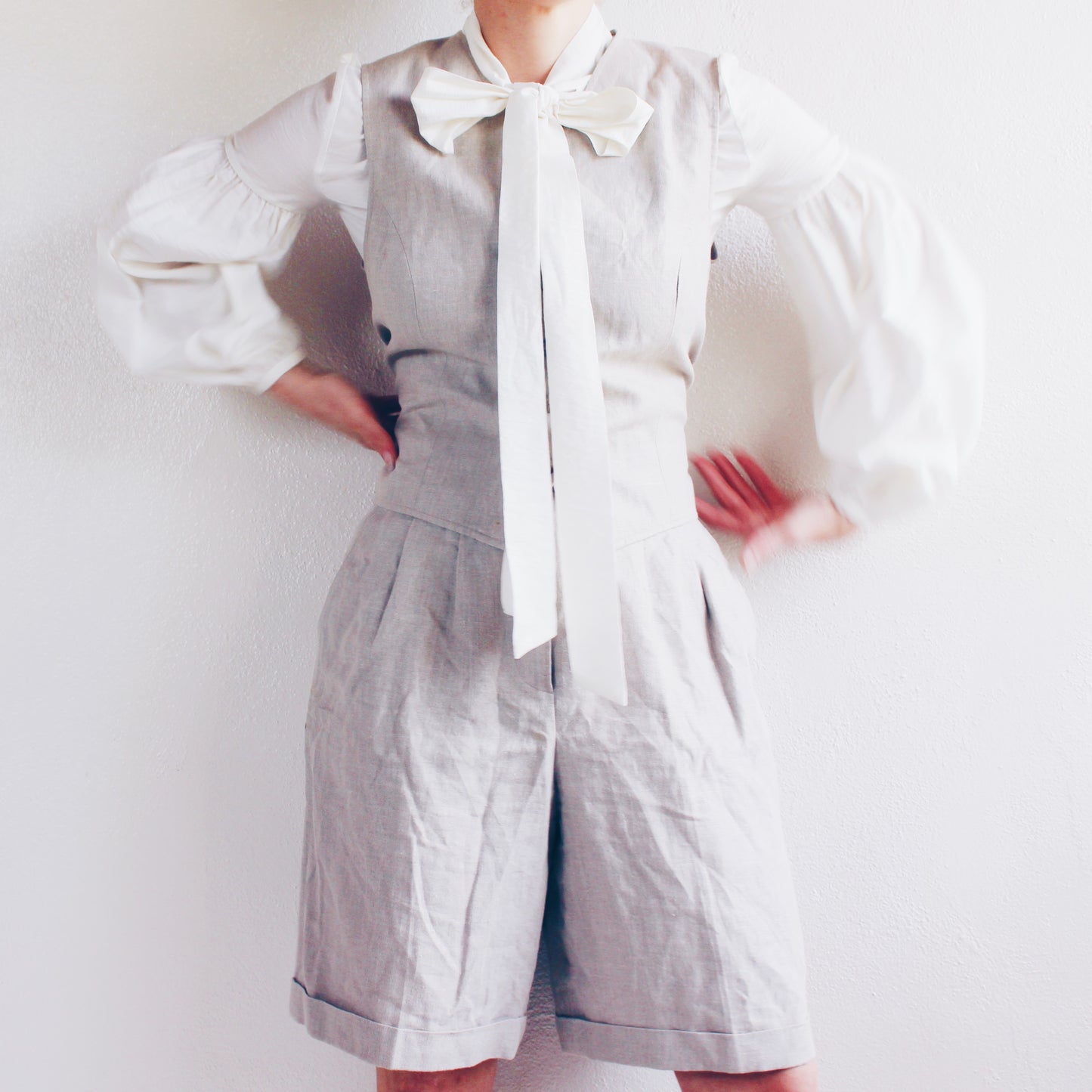 Vintage Beige Linen Pleated Shorts and Vest Set - Academic 90s Minimalism