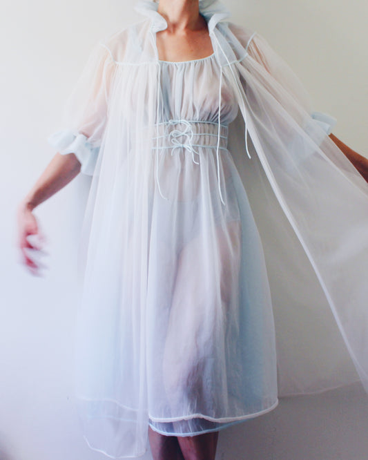 Vintage Pale Blue Sheer Slip Dress and Matching Bed Jacket Set | Coquette Bow Lingerie and Peignoir| 1950s 1960s Balletcore Pastel Nightgown