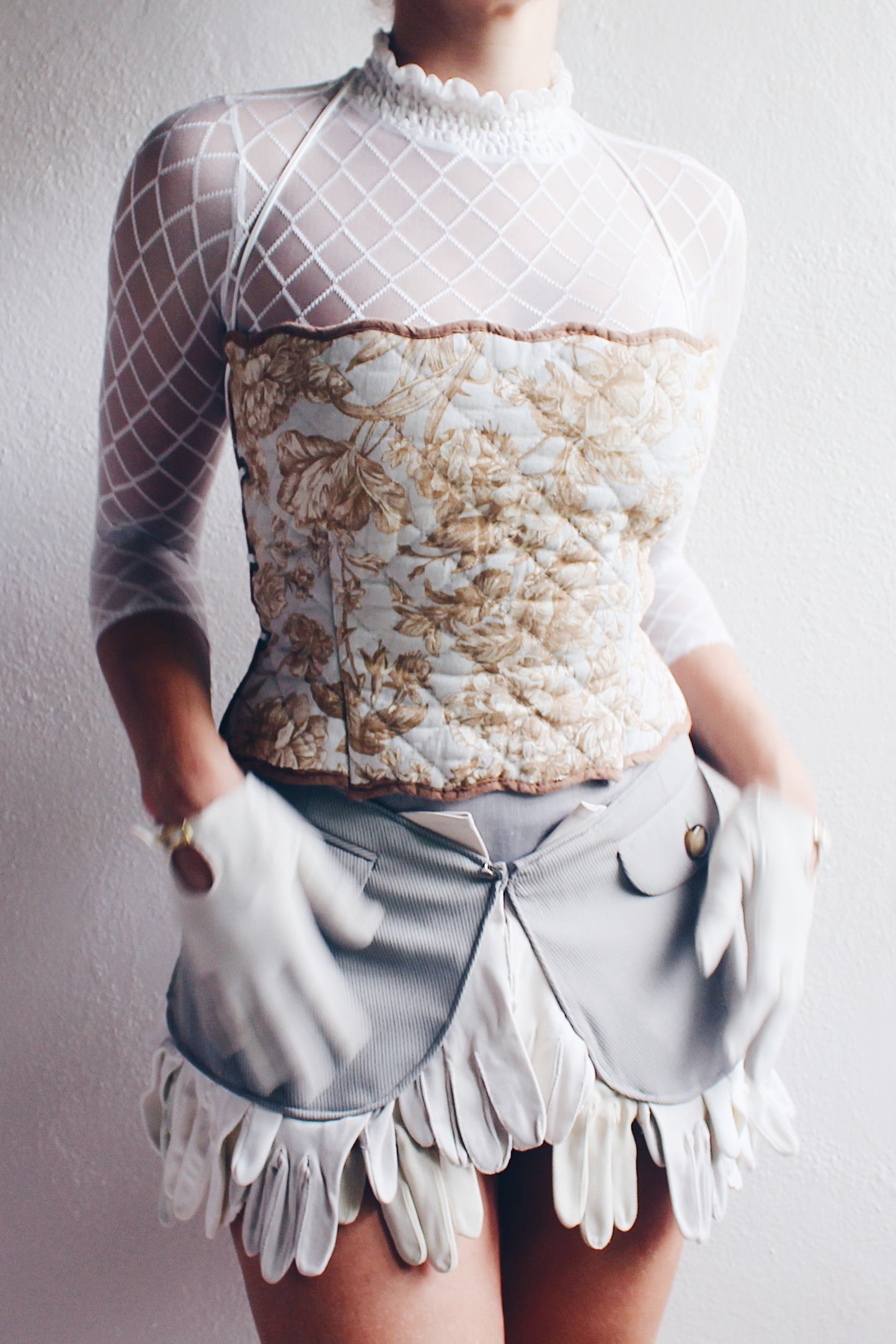 Upcycled quilted crop top / reworked vintage Placemat Tank / light blue cotton corset bib