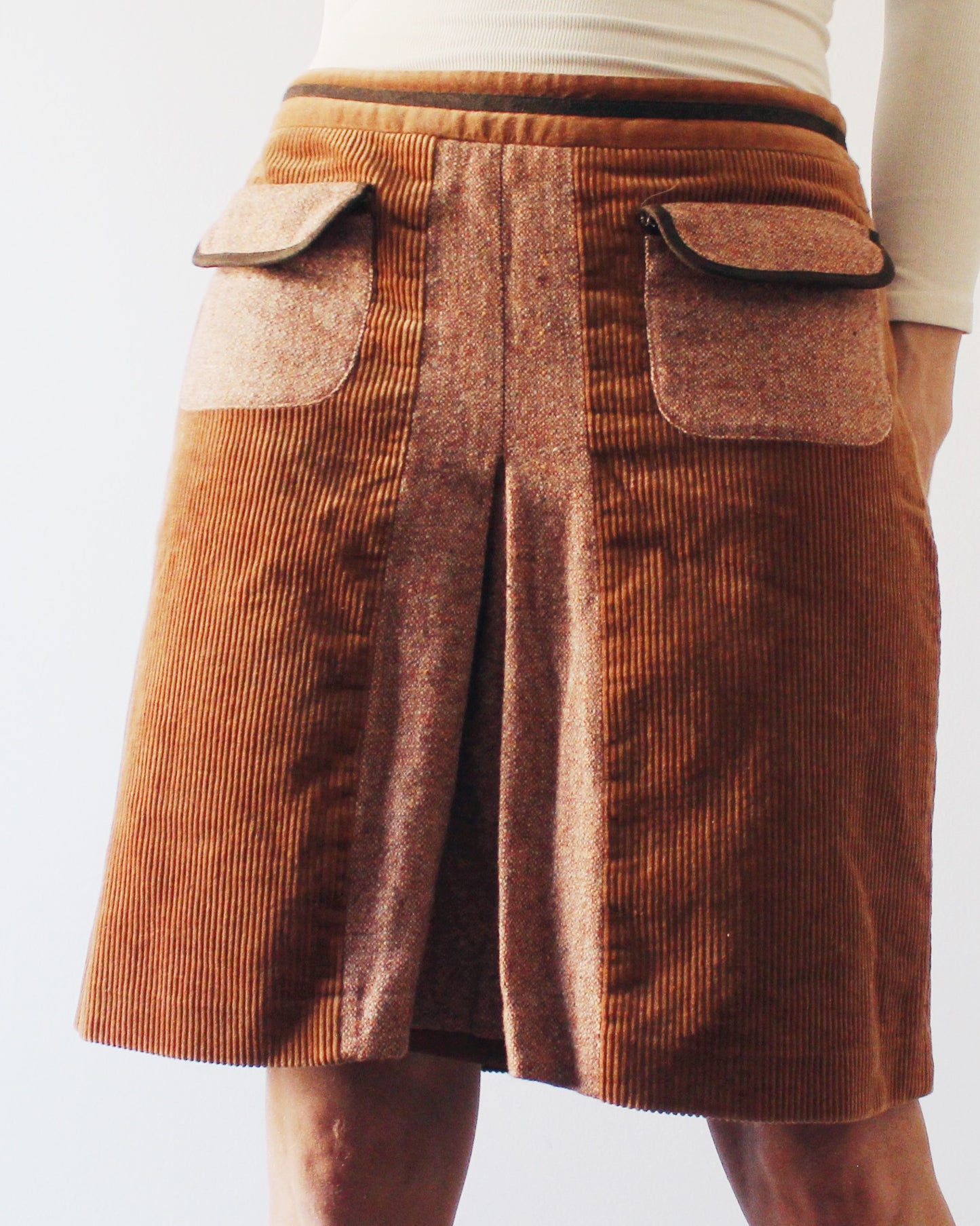 Vintage Corduroy and Wool Pocket Skirt – Low Waist 70s Style Midi in Earth Tones