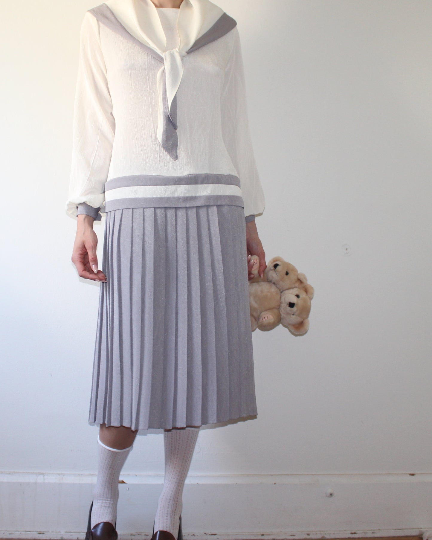 Vintage 1980s Nautical Sailor Dress | Cream Grey Drop Waist Pleated Midi | Scarf Tie Japanese Schoolgirl Preppy Mod Trends Jerrie Lurie