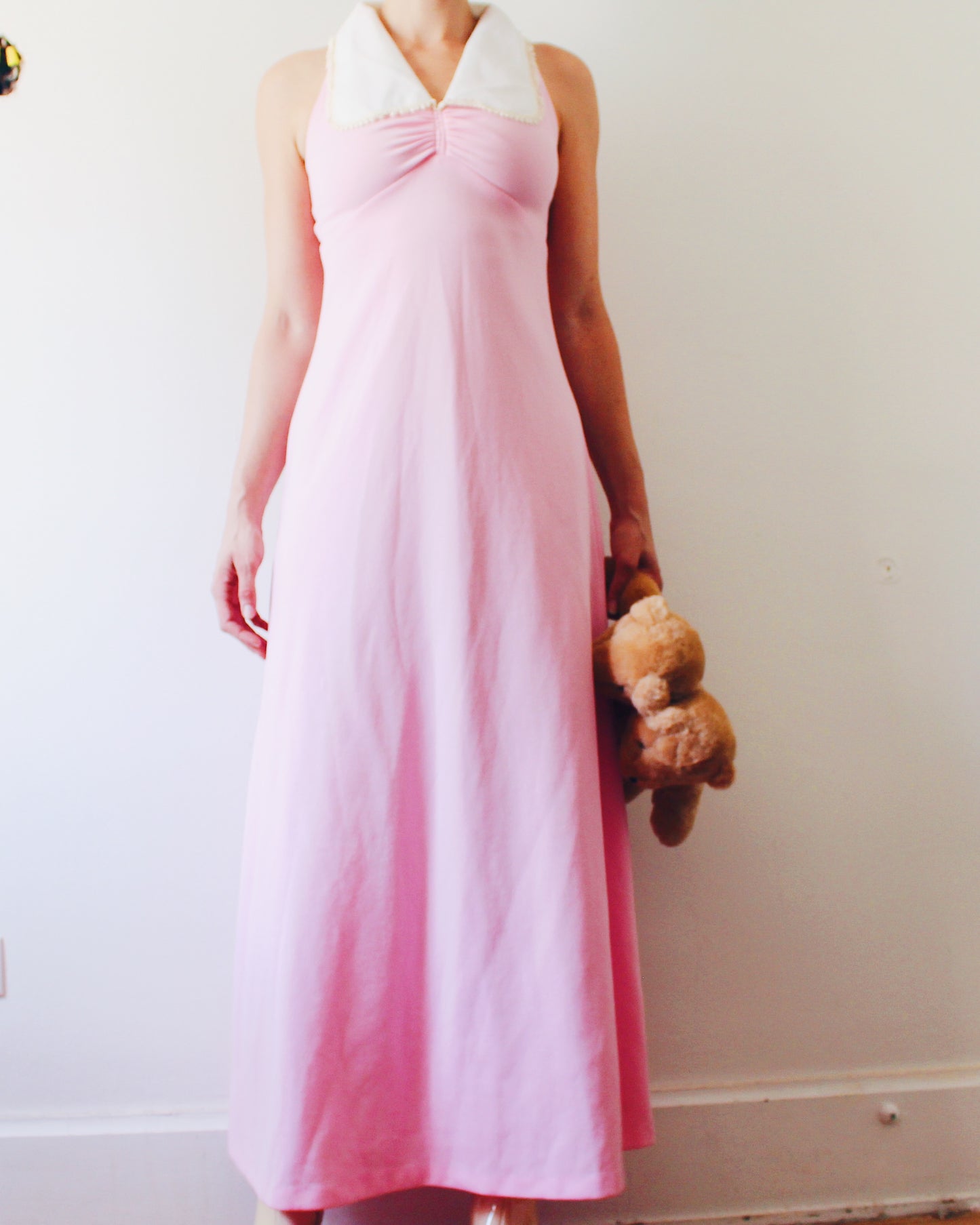 Vintage 1970s Handmade Pink Dress S | Peter Pan Collar Empire Waist | Moonrise Kingdom Wes Anderson Aesthetic | Retro Cottagecore Sleeveless