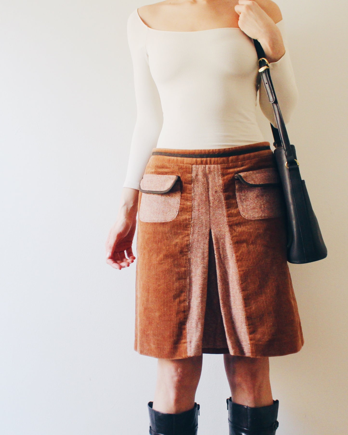 Vintage Corduroy and Wool Pocket Skirt – Low Waist 70s Style Midi in Earth Tones