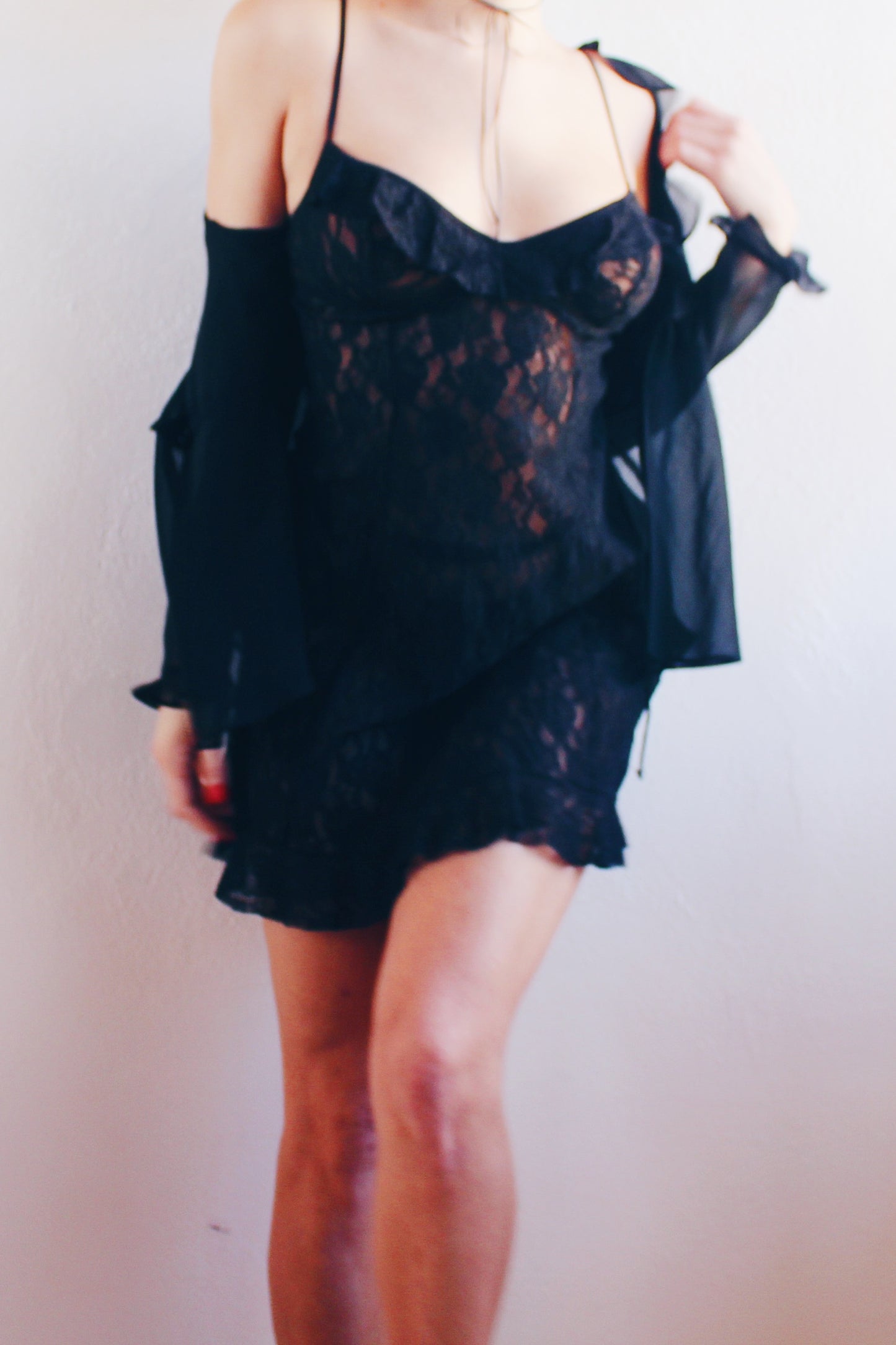 Seductive Black Lace Sheer Mini Dress with Ruffled Bust | Coquette Romantic Style